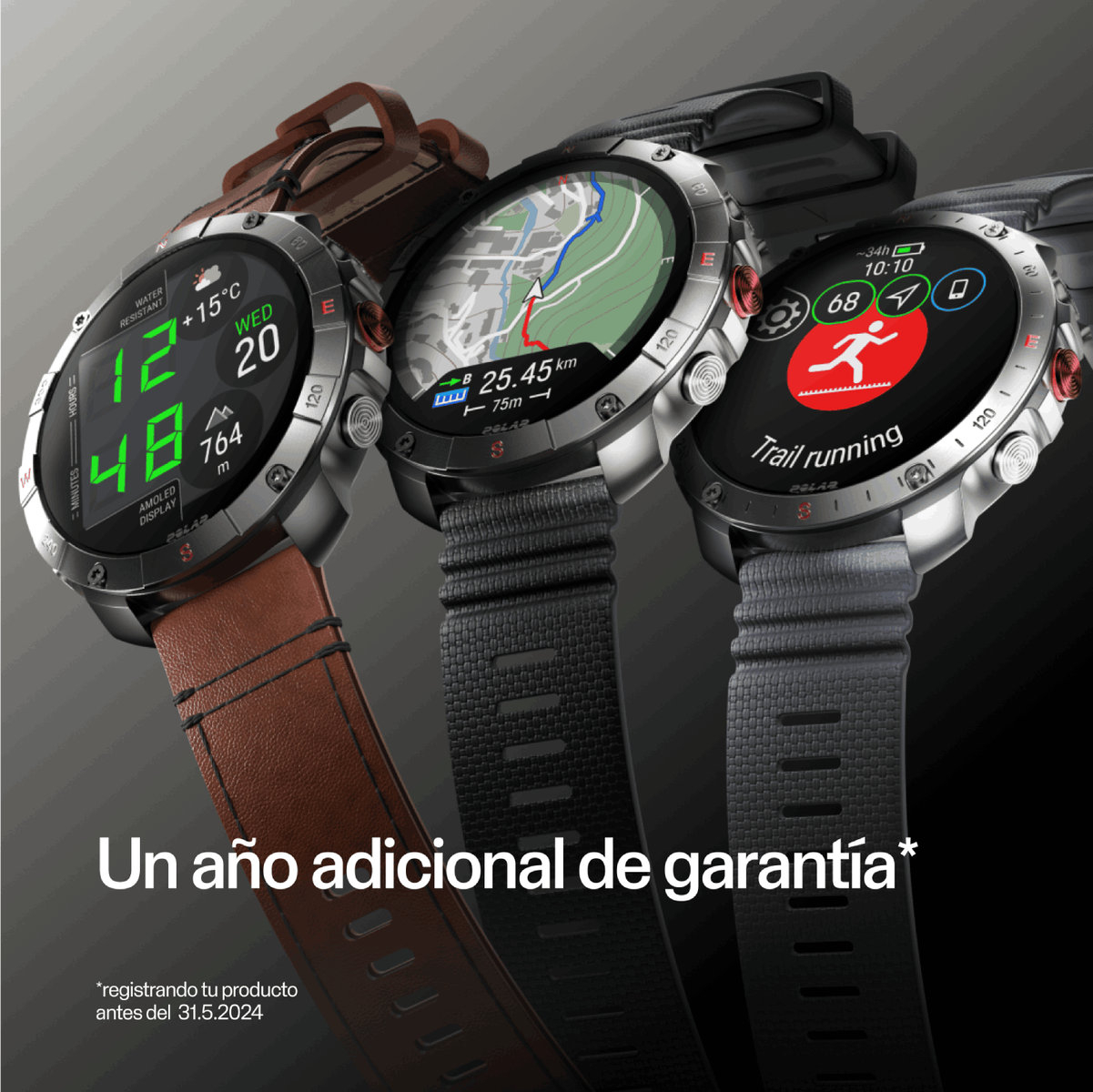 Tre smartwatch, due con cinturini marroni e neri, che mostrano ora e dati di fitness.