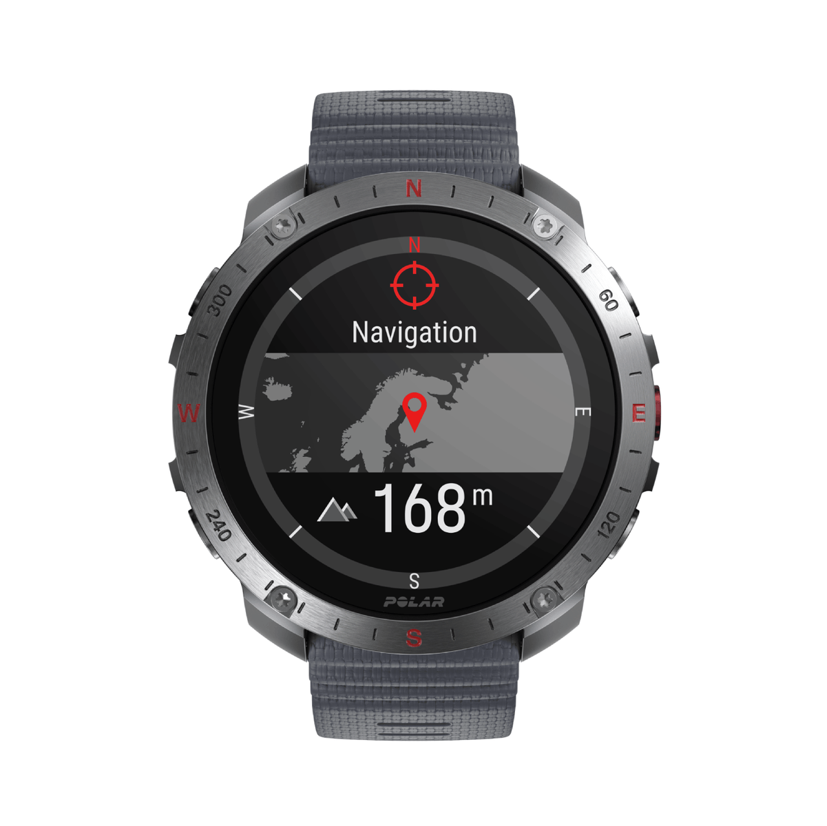 Smartwatch argento, mappa di navigazione sullo schermo. Sfondo bianco.