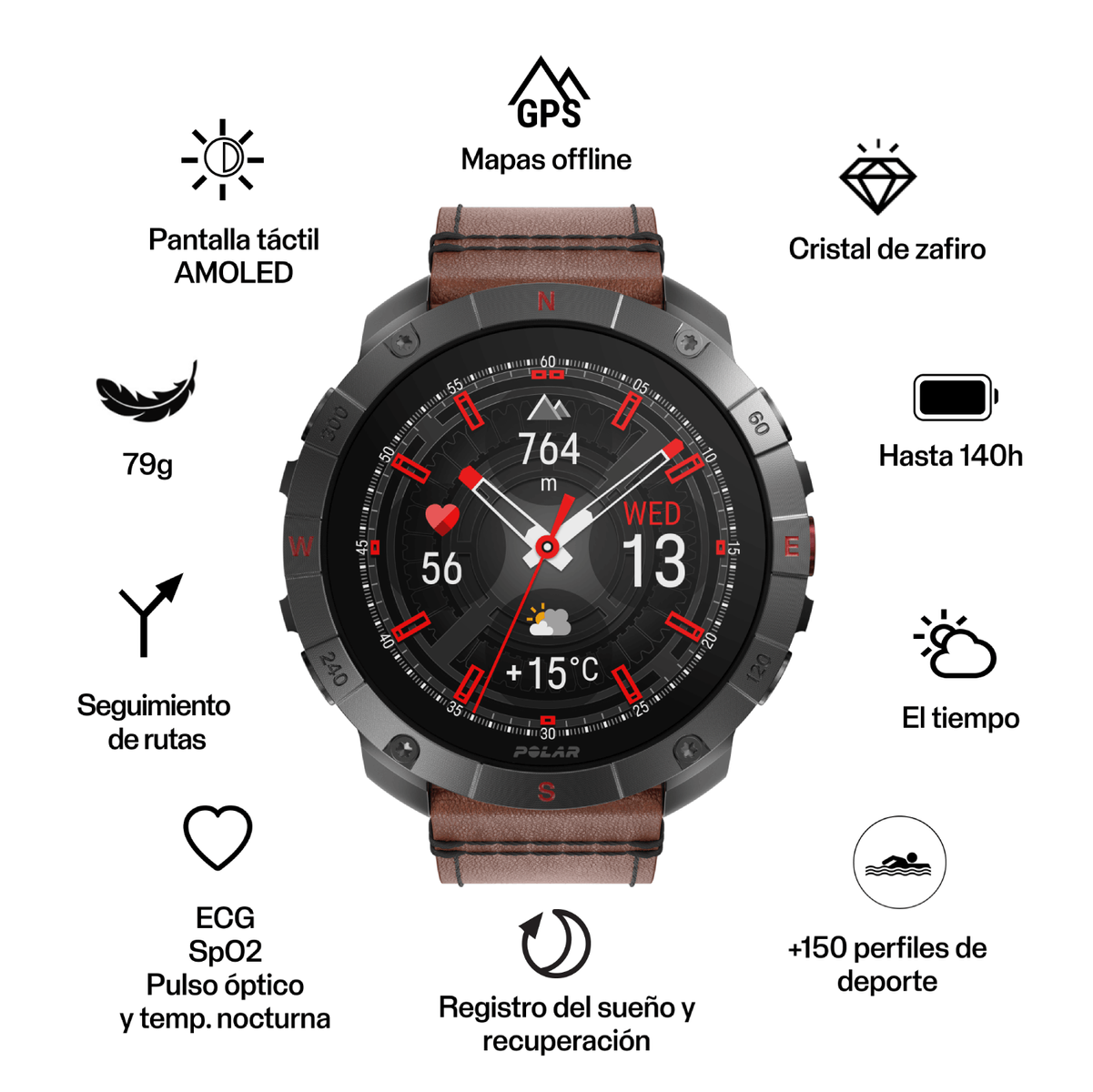 Un reloj inteligente negro con correa marrón, mostrando hora, frecuencia cardíaca y métricas de salud.