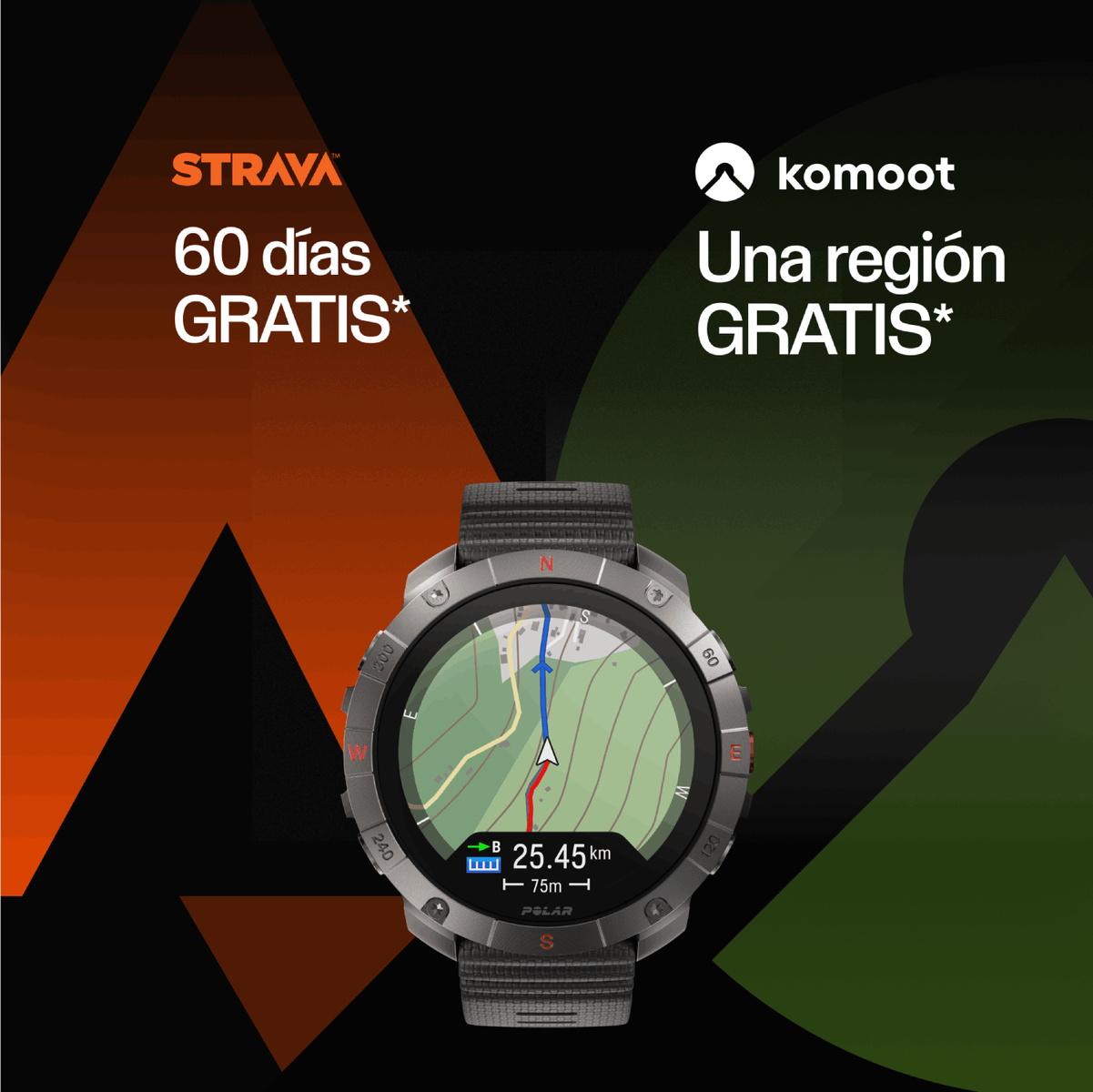 Un reloj inteligente muestra un mapa con una línea roja y azul. Texto superior: 'Strava' y 'komoot'.