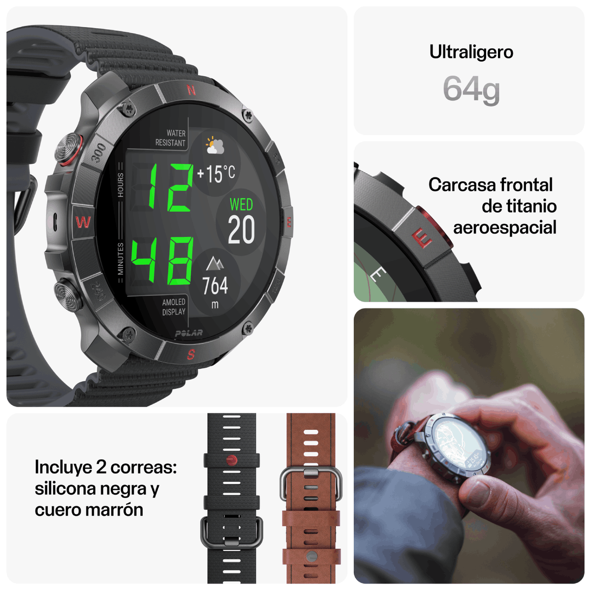 Smartwatch con dati e due cinturini: silicone nero e pelle marrone, con etichette di testo.