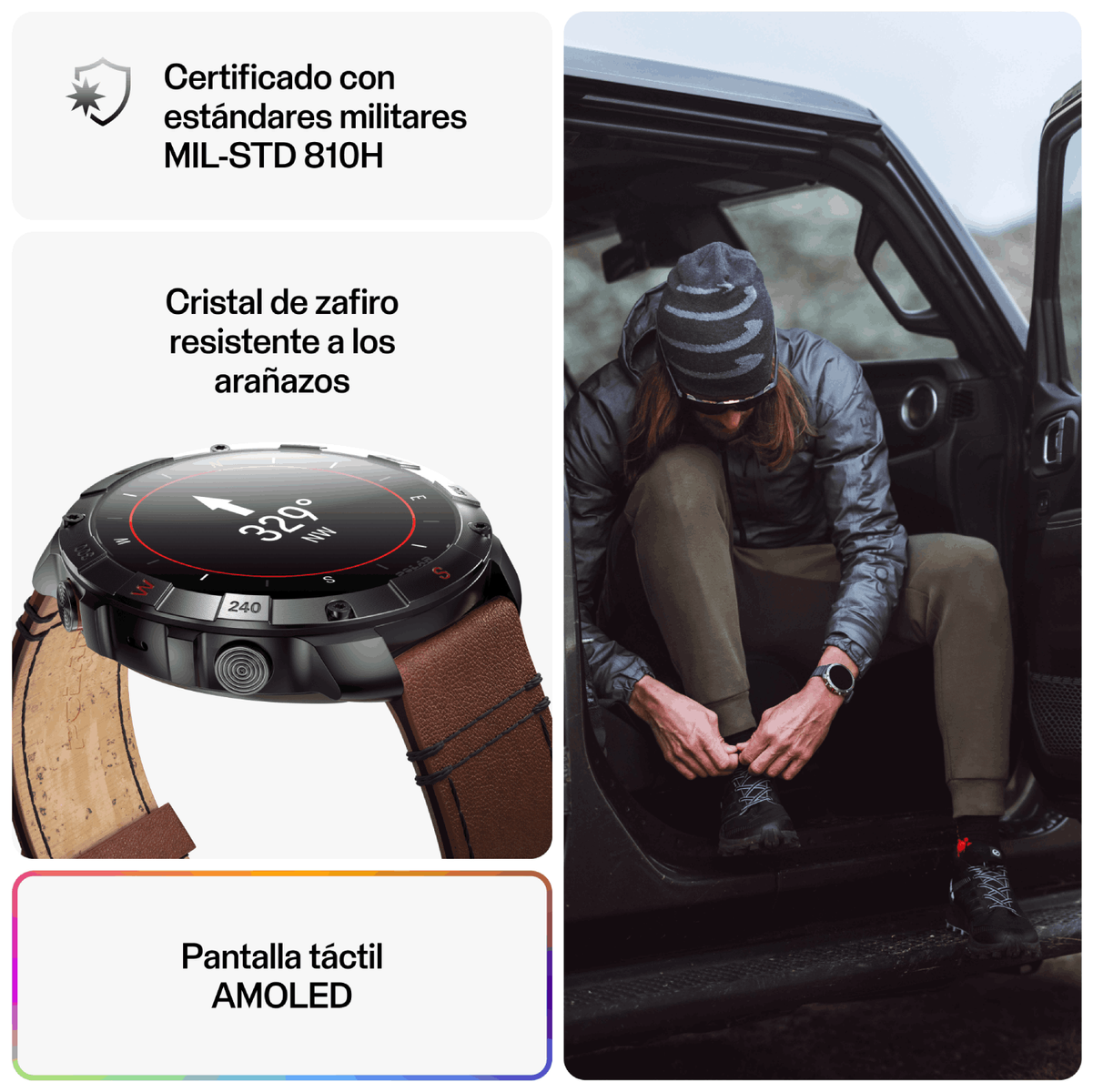 Smartwatch al polso, uomo in auto, sovrapposizione di testo e dettagli.