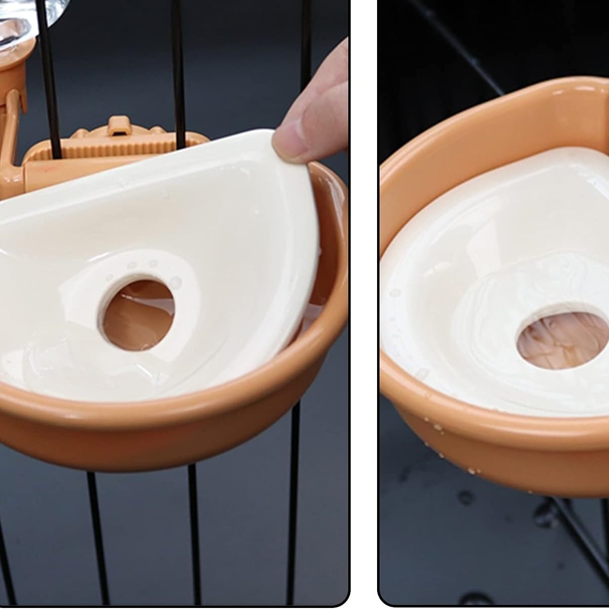 Zwei Haustier-Wassernäpfe, einer mit Wasser gefüllt, der andere leer. Beide sind orange und haben einen beigen Innenraum.