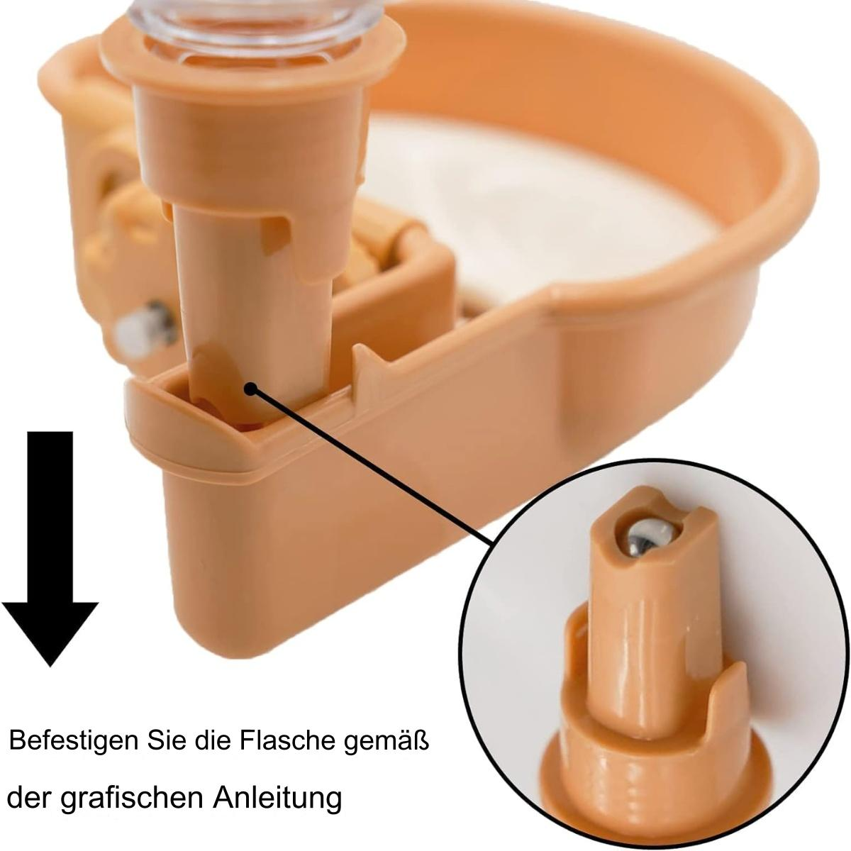 Eine hellorangefarbene Wasserflaschenkomponente mit Nahaufnahme des Ventils, darunter Anweisungen.
