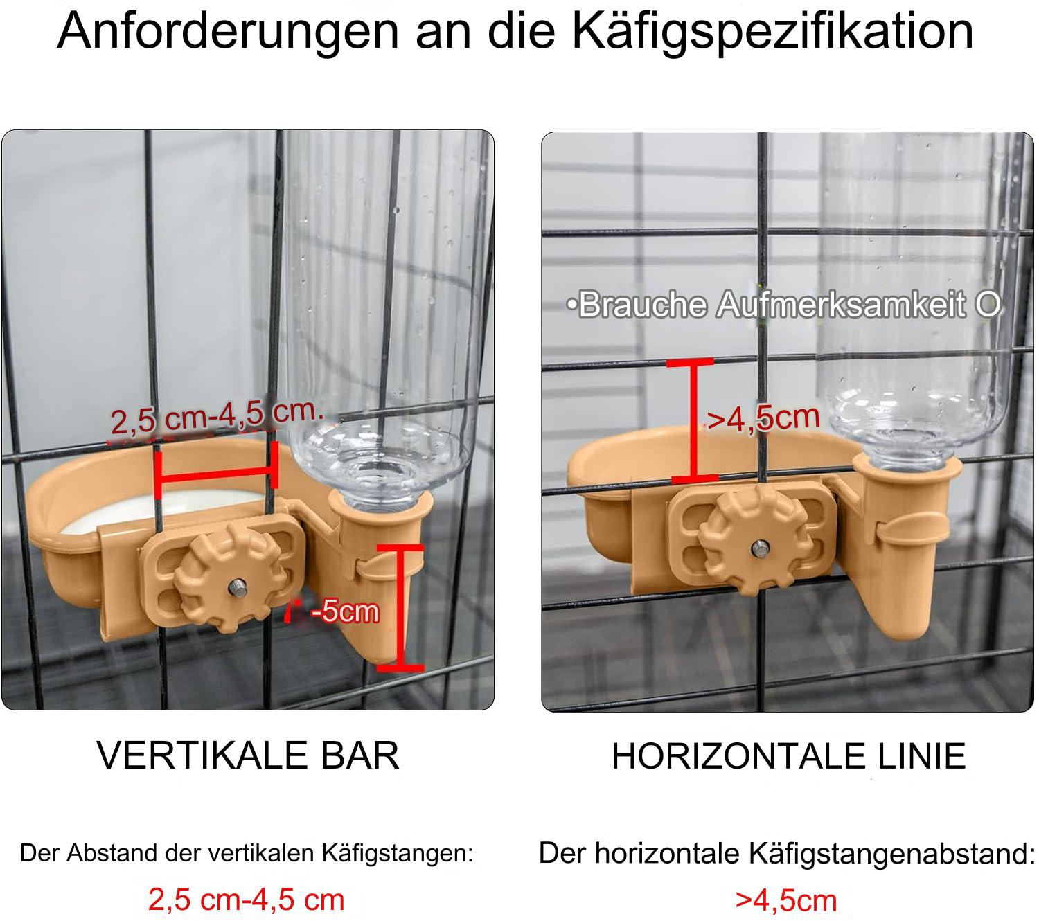 Zwei Plastikwasserflaschen mit beigen Haltern sind an einem Drahtkäfig befestigt.