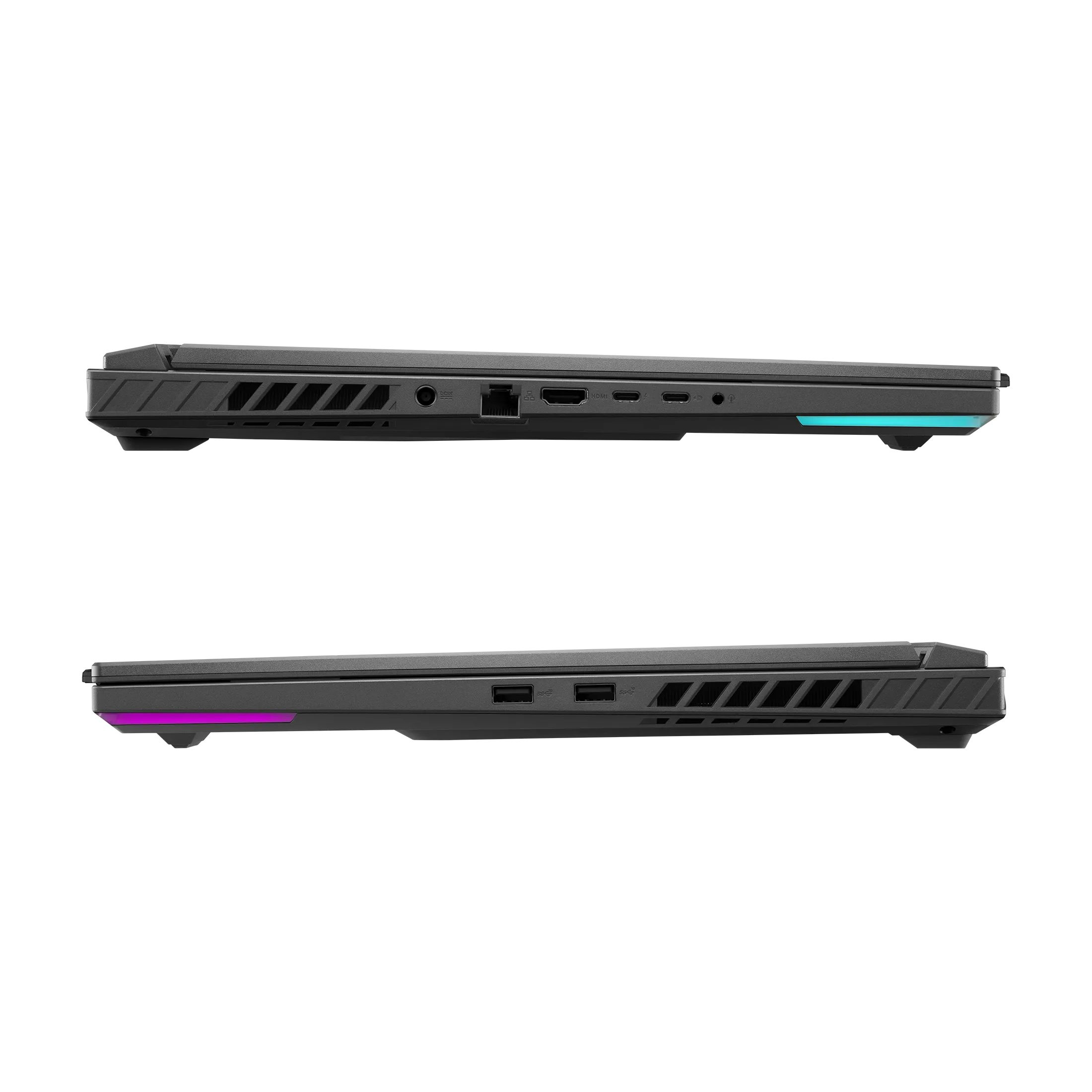 Zwei schwarze Laptops, Seitenansicht. Einer hat einen türkisfarbenen Akzent, der andere einen lila Akzent.