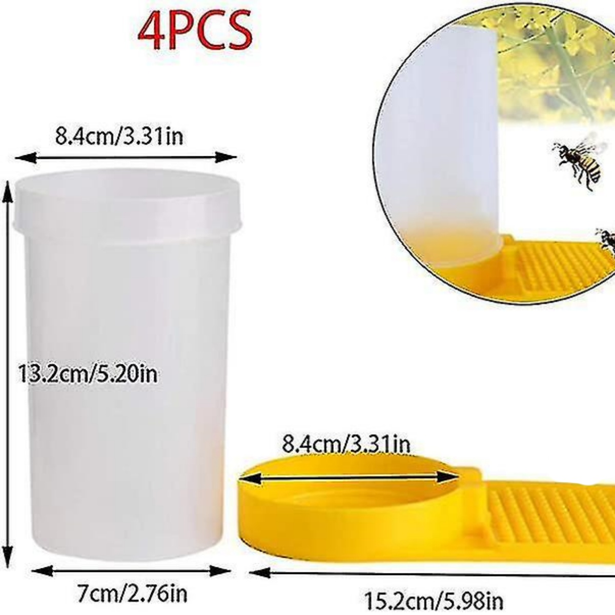 Weißer Behälter mit Maßen, gelbe Schale und Bienen. Text '4PCS' und Messungen.