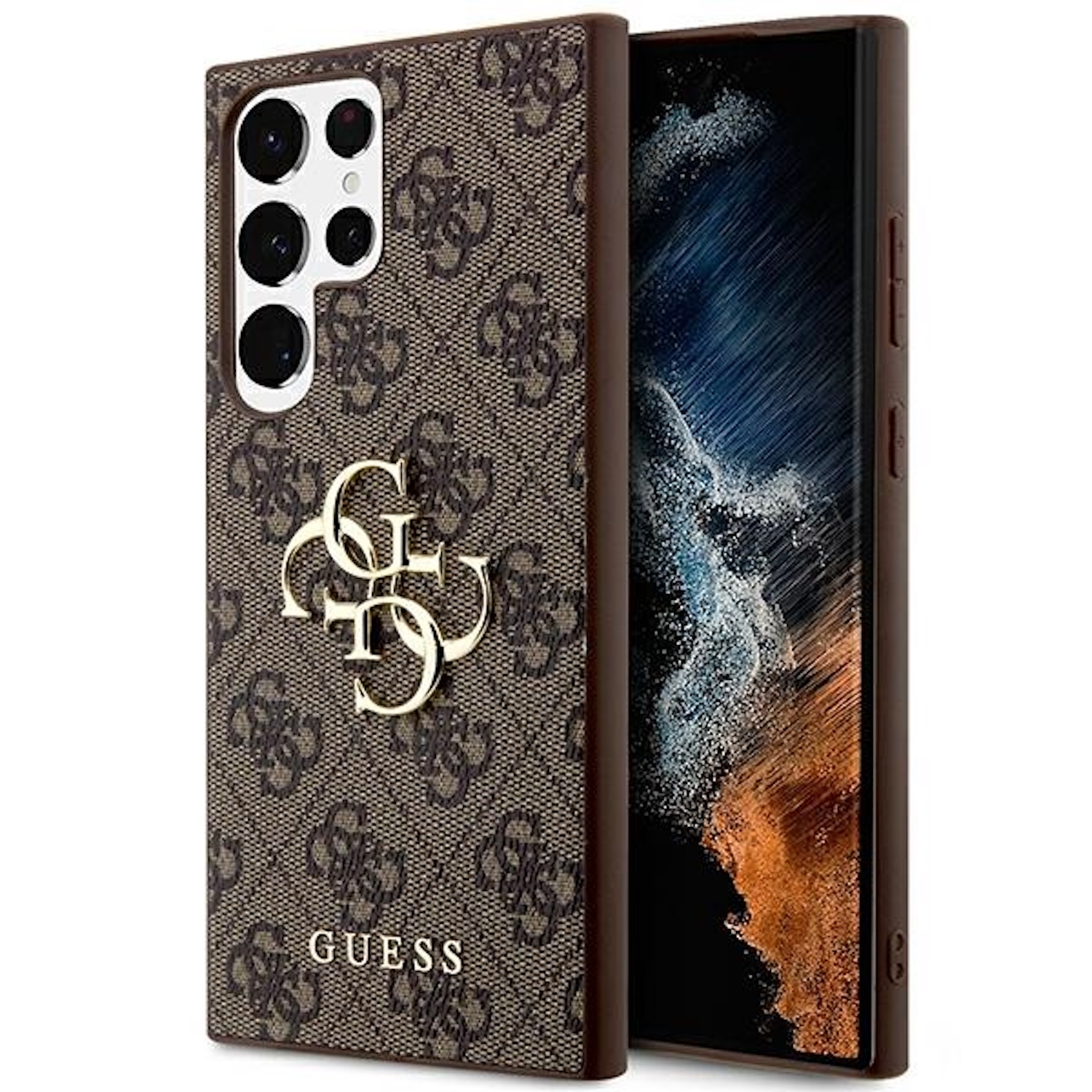 Eine Handyhülle mit Guess-Logo und braunem Muster, auf einem Telefon platziert.