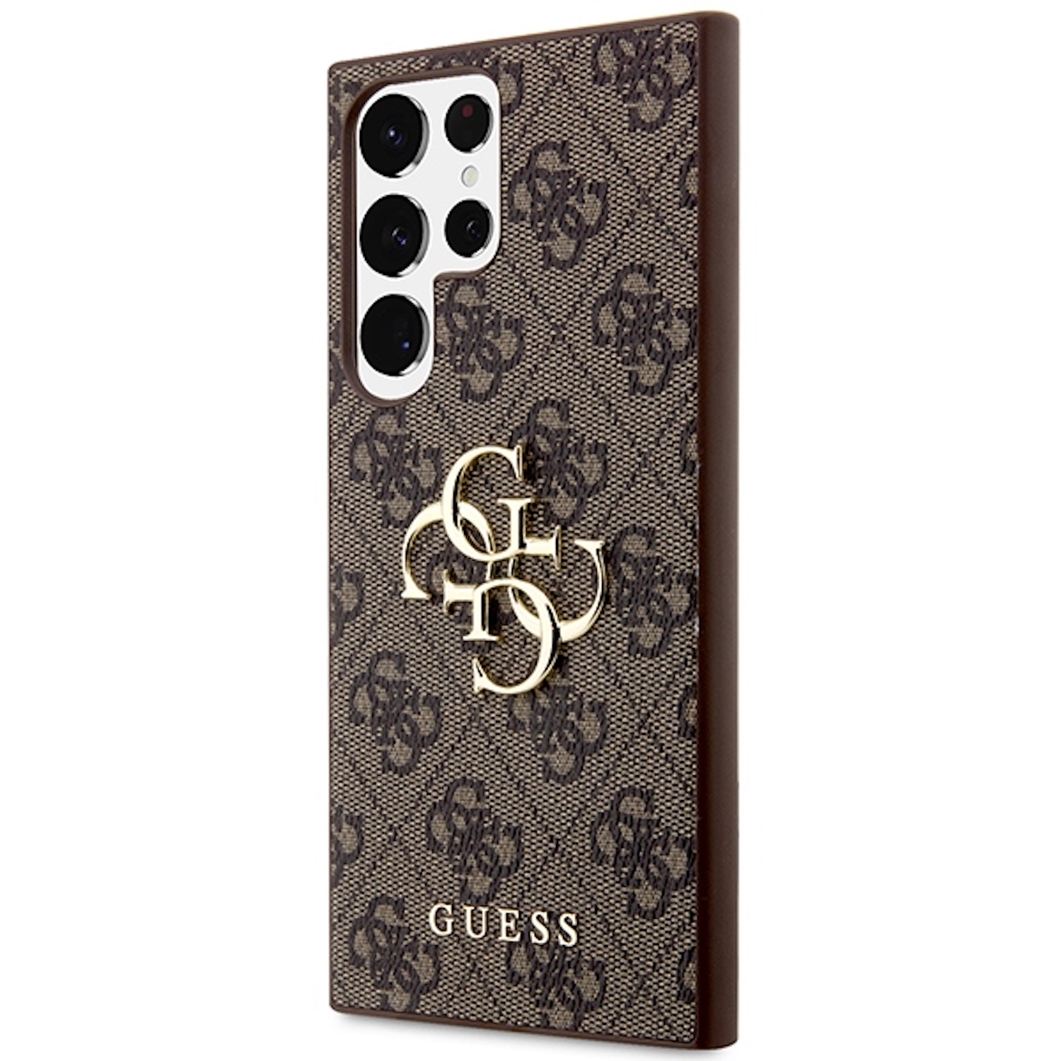 Eine braune Handyhülle mit Guess-Logo und Muster, zeigt ein Handy mit mehreren Kameras.