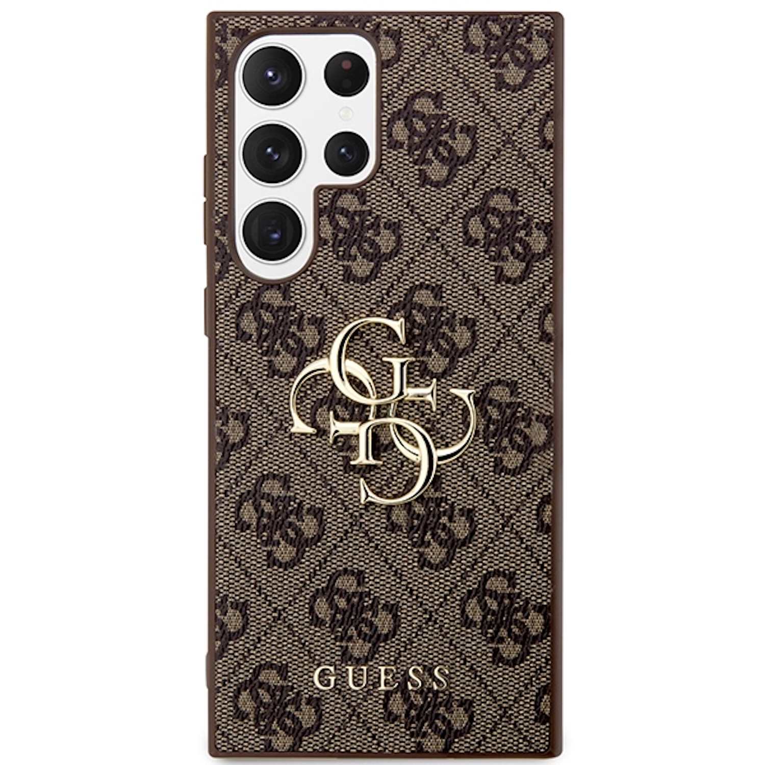 Eine braune Guess-Handyhülle mit sich wiederholendem Logo-Muster und goldenem Guess-Emblem.