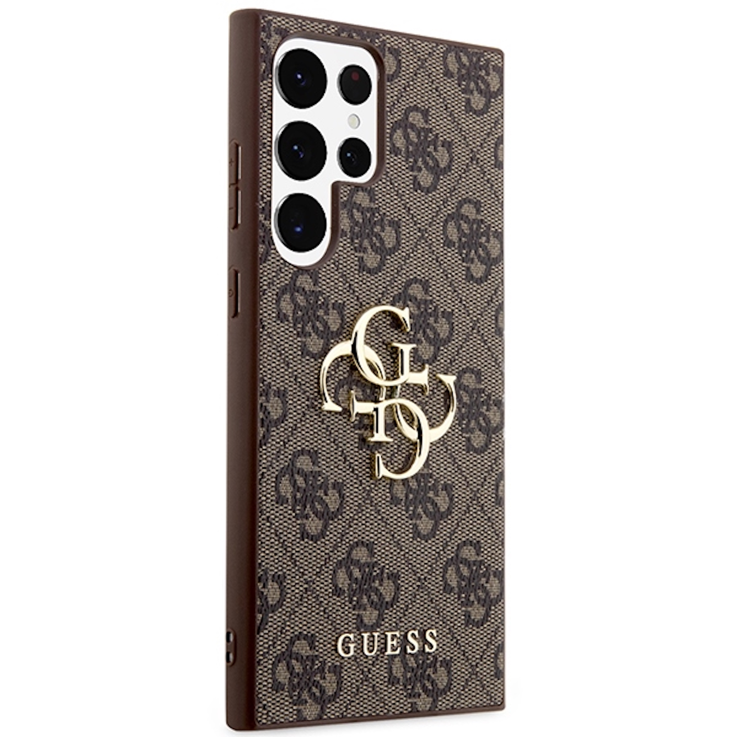 Braune Guess-Handyhülle mit Logomuster und goldenem Guess-Logo. Weißer Hintergrund.