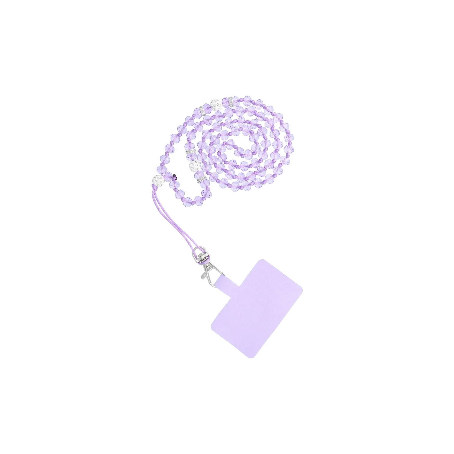 Un cordino per telefono lilla chiaro con un supporto per telefono lavanda su sfondo bianco.