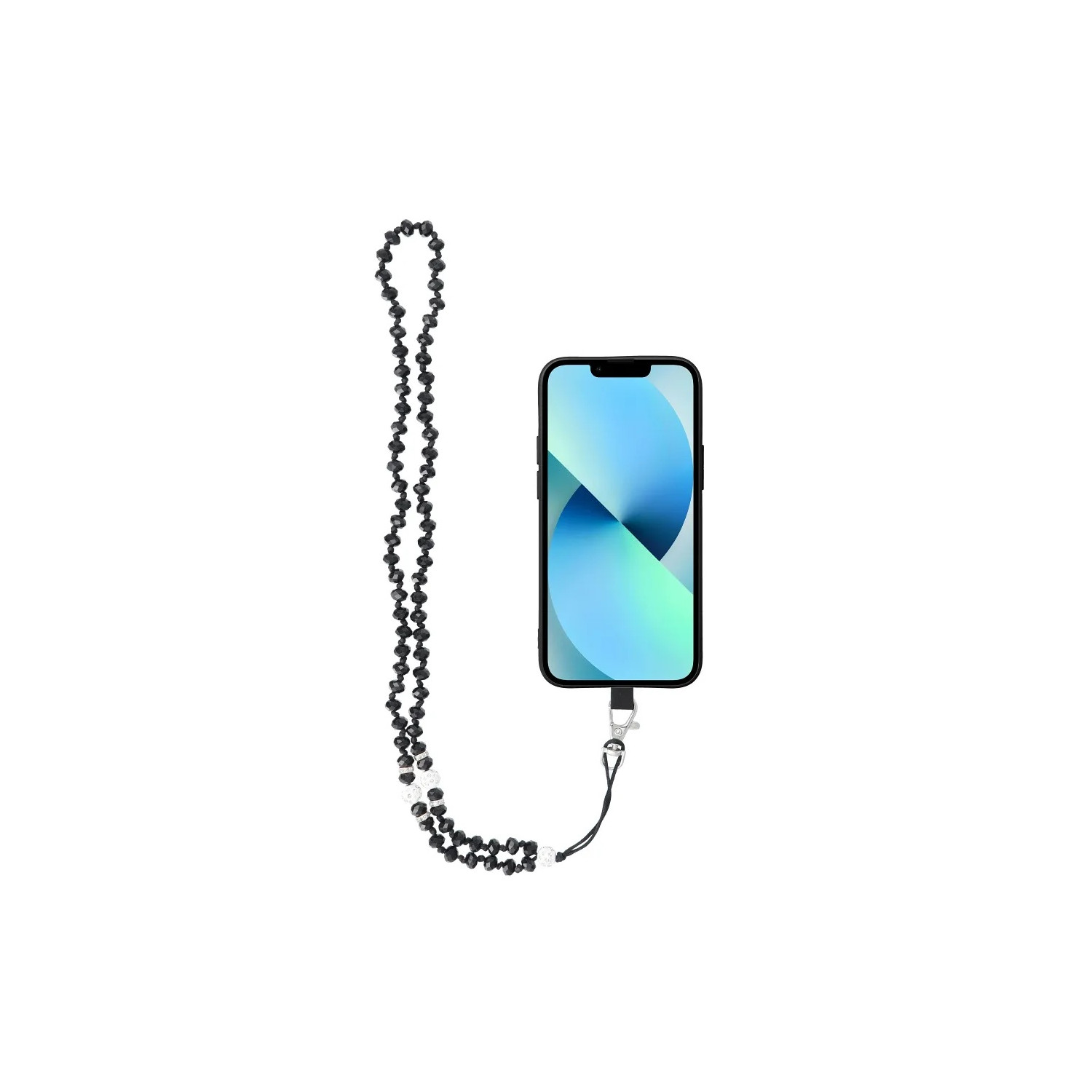 Uno smartphone con un cordino di perline nere attaccato, appeso su sfondo bianco.