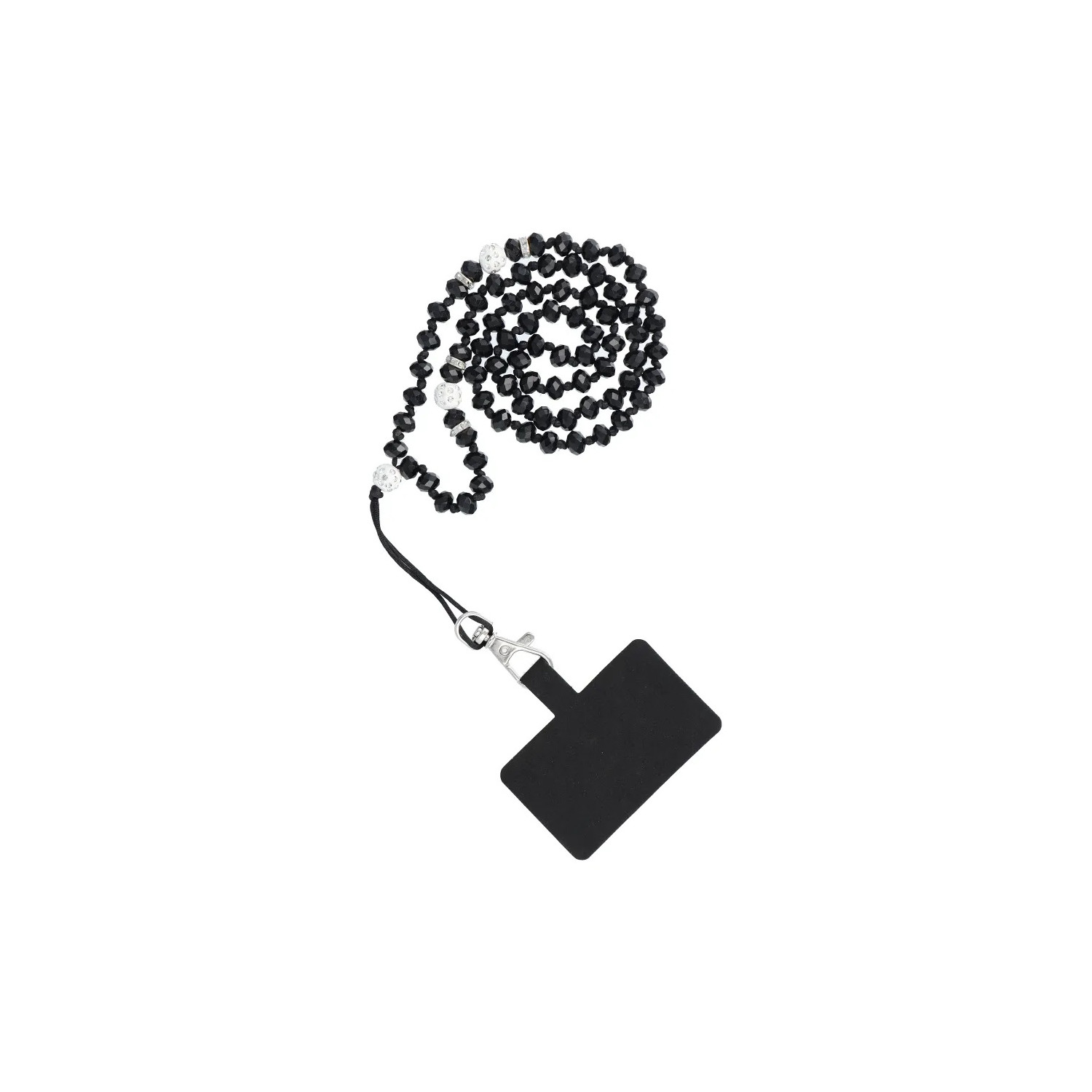 Una collana di perline nere con un porta telefono attaccato. Sfondo bianco.