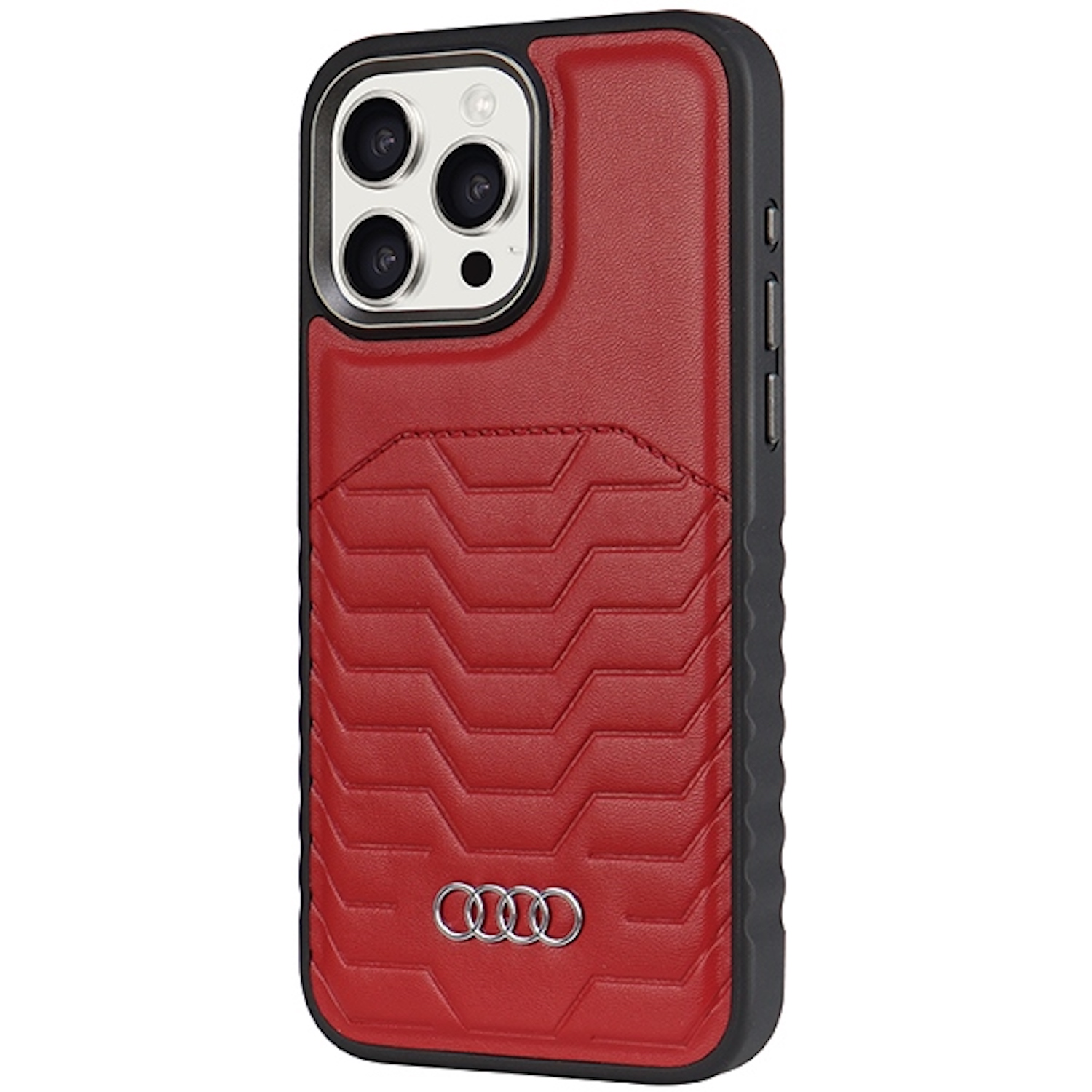 Eine rote Handyhülle mit schwarzem Rand und Audi-Logo. Die Hülle bedeckt das Telefon.