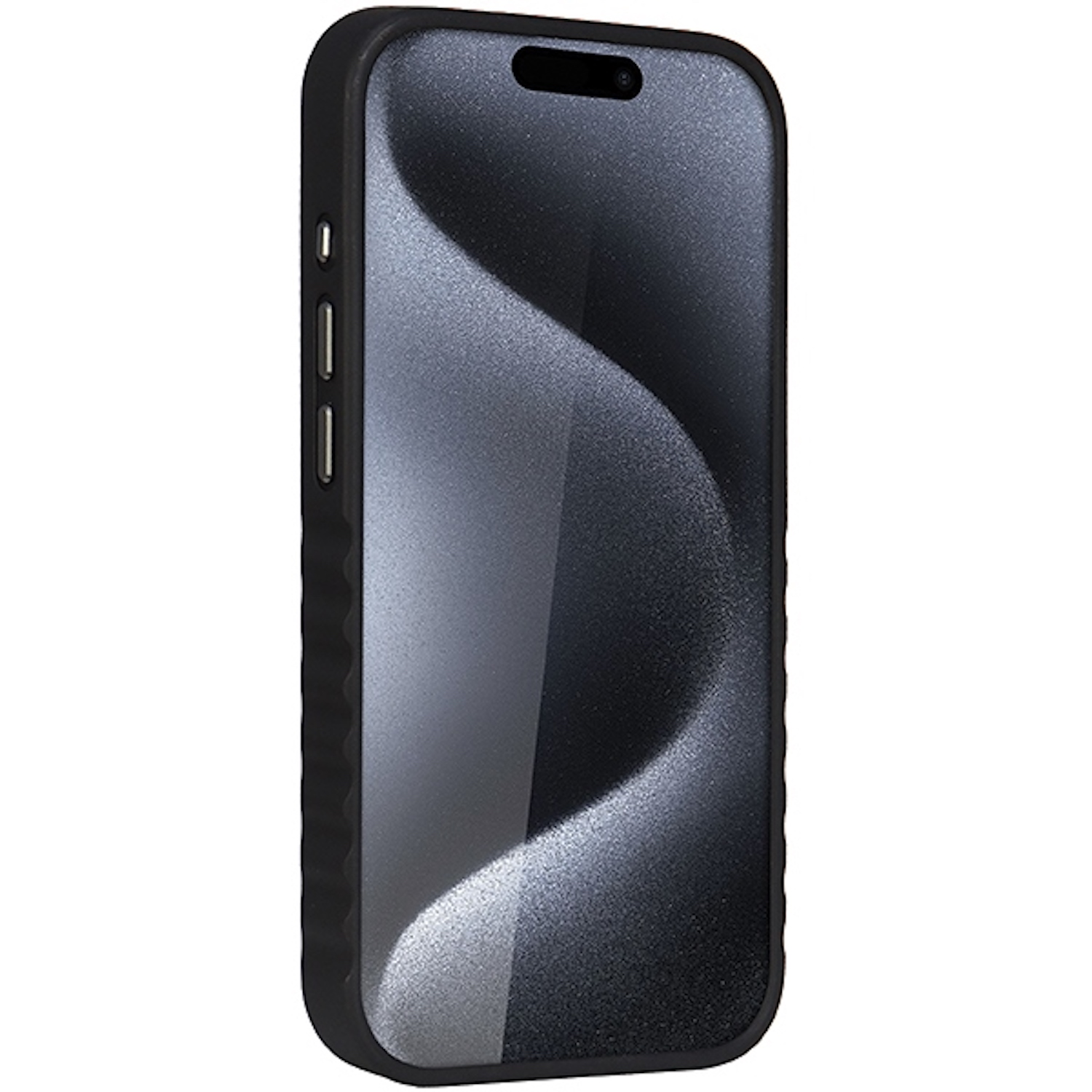 Eine schwarze Handyhülle mit gewelltem strukturiertem Design, auf weißem Hintergrund.