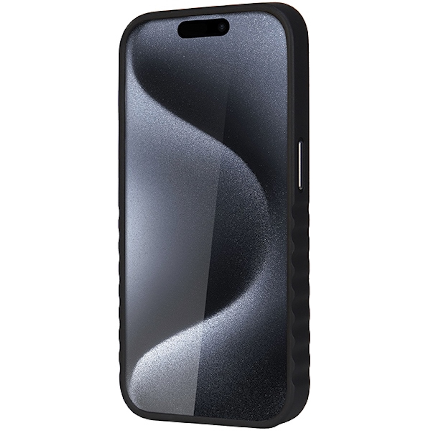 Schwarze Handyhülle mit wellenförmigem Design auf einem grauen Telefon.