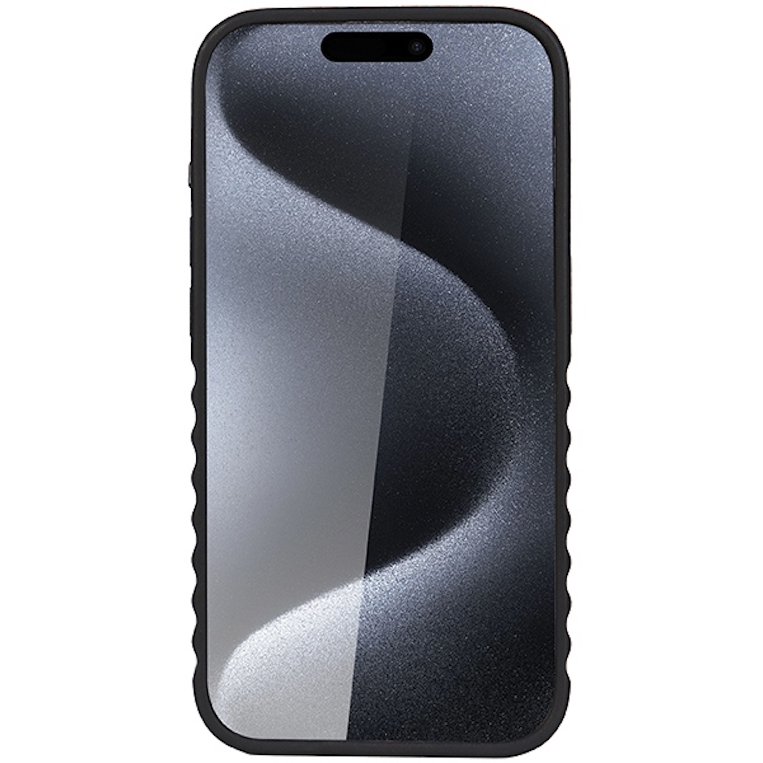 Eine Handyhülle auf einem Tisch. Die Hülle ist schwarz mit einem wellenförmigen Design. Der Telefonbildschirm ist sichtbar.