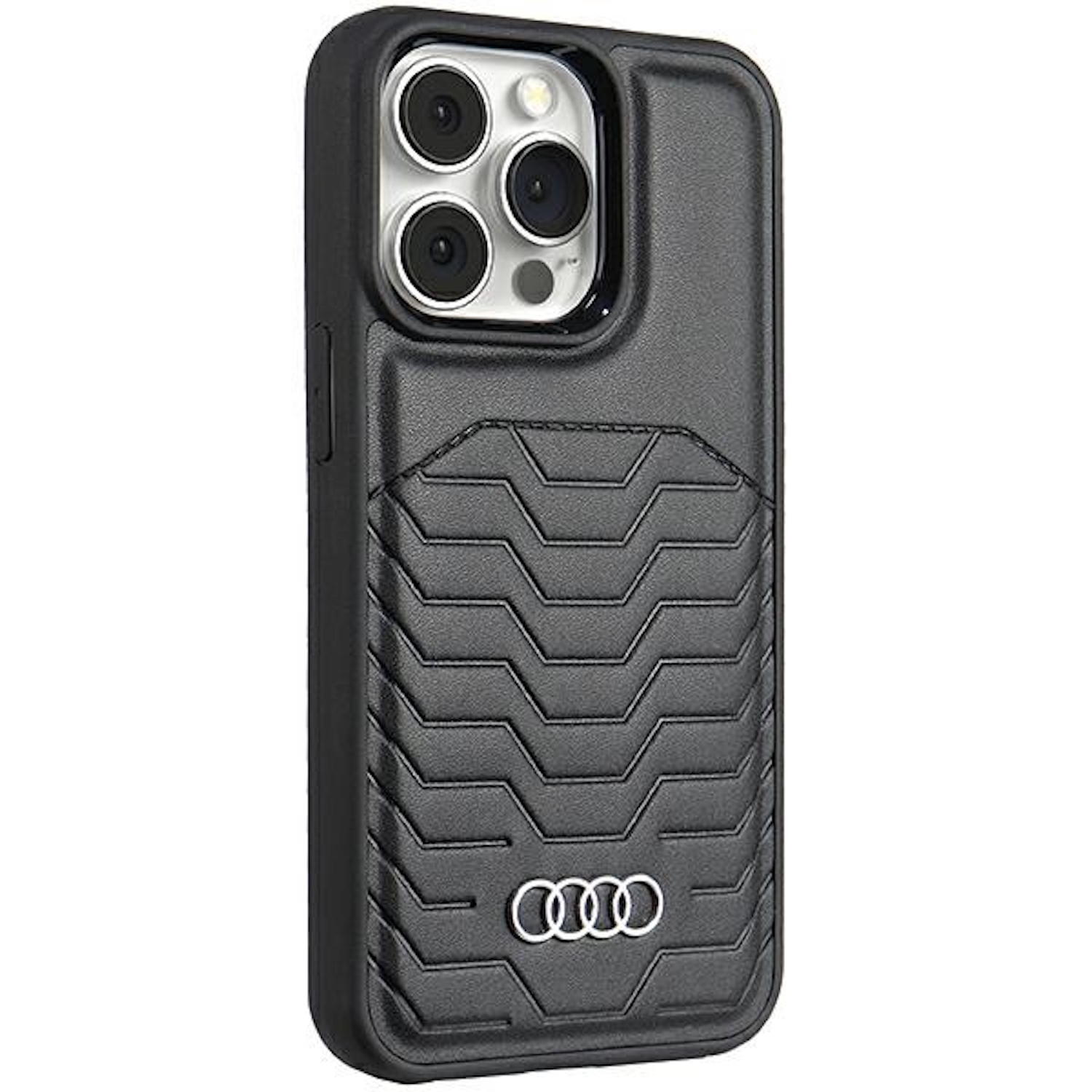Una custodia per telefono nera con il logo Audi e un design strutturato.