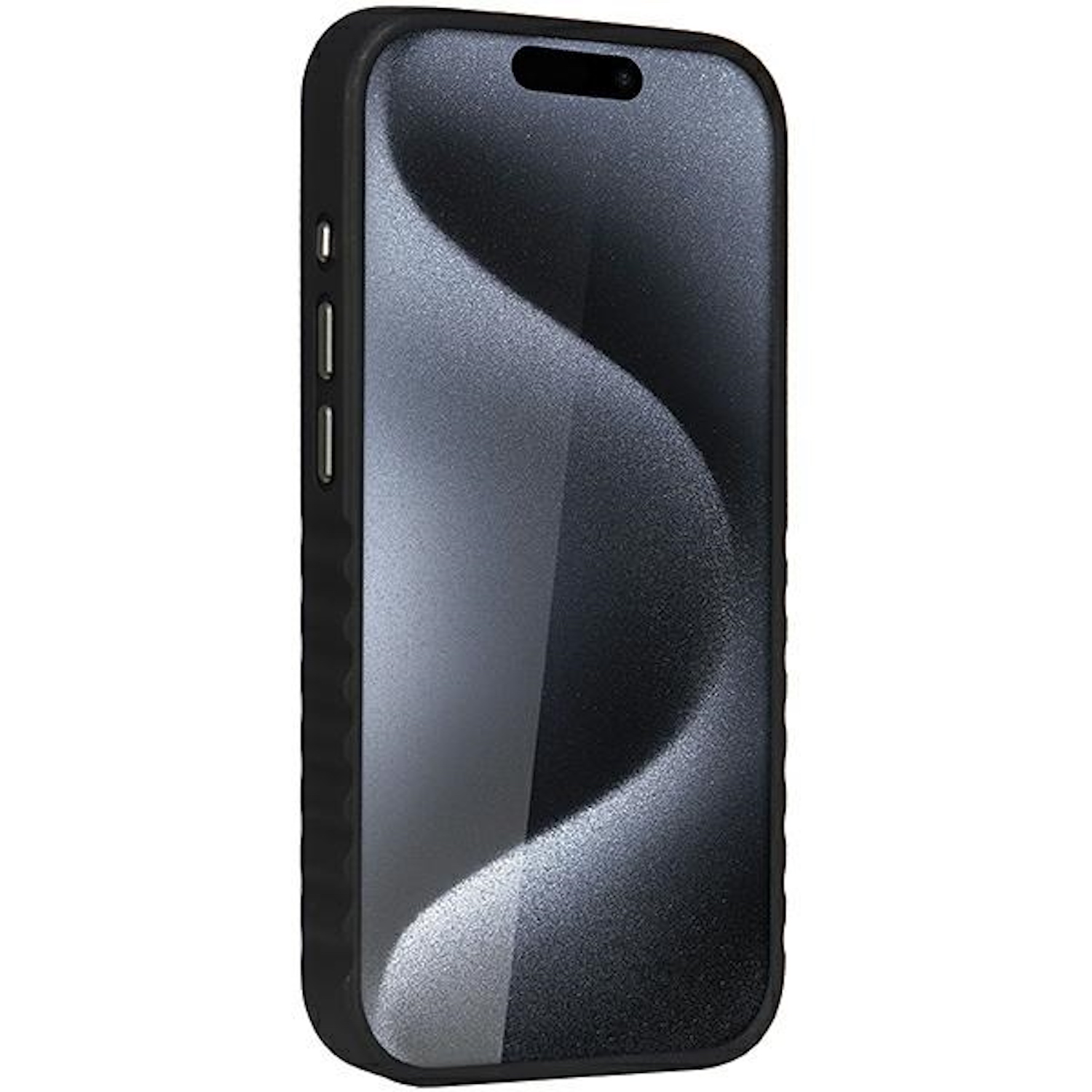 Schwarzes Telefon in einer schwarzen Hülle. Der Bildschirm ist aus, mit einem dunklen Wellenmuster. Die Hülle hat Knöpfe.