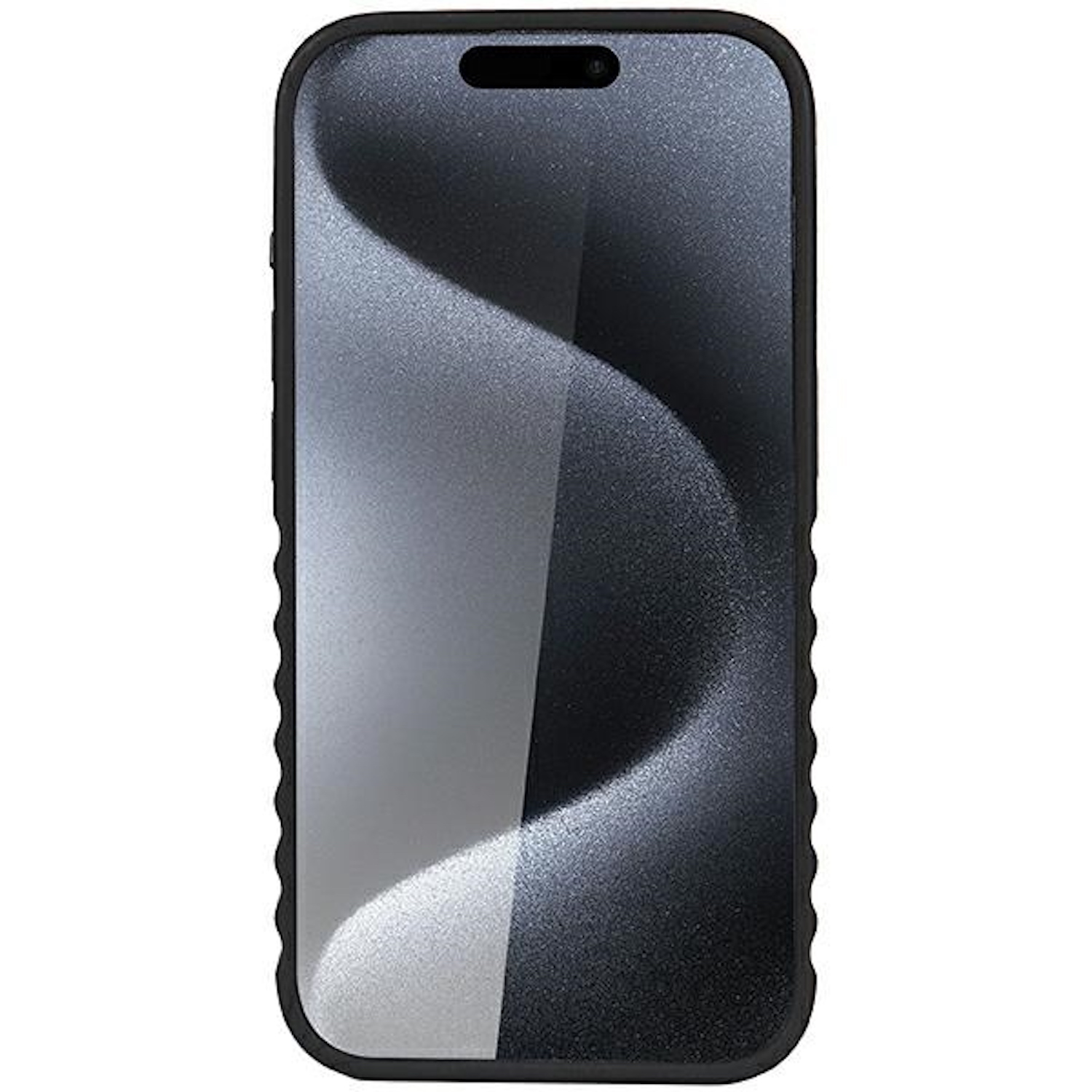 Schwarzes Telefon mit wellenförmigem, strukturiertem Design auf dem Bildschirm.