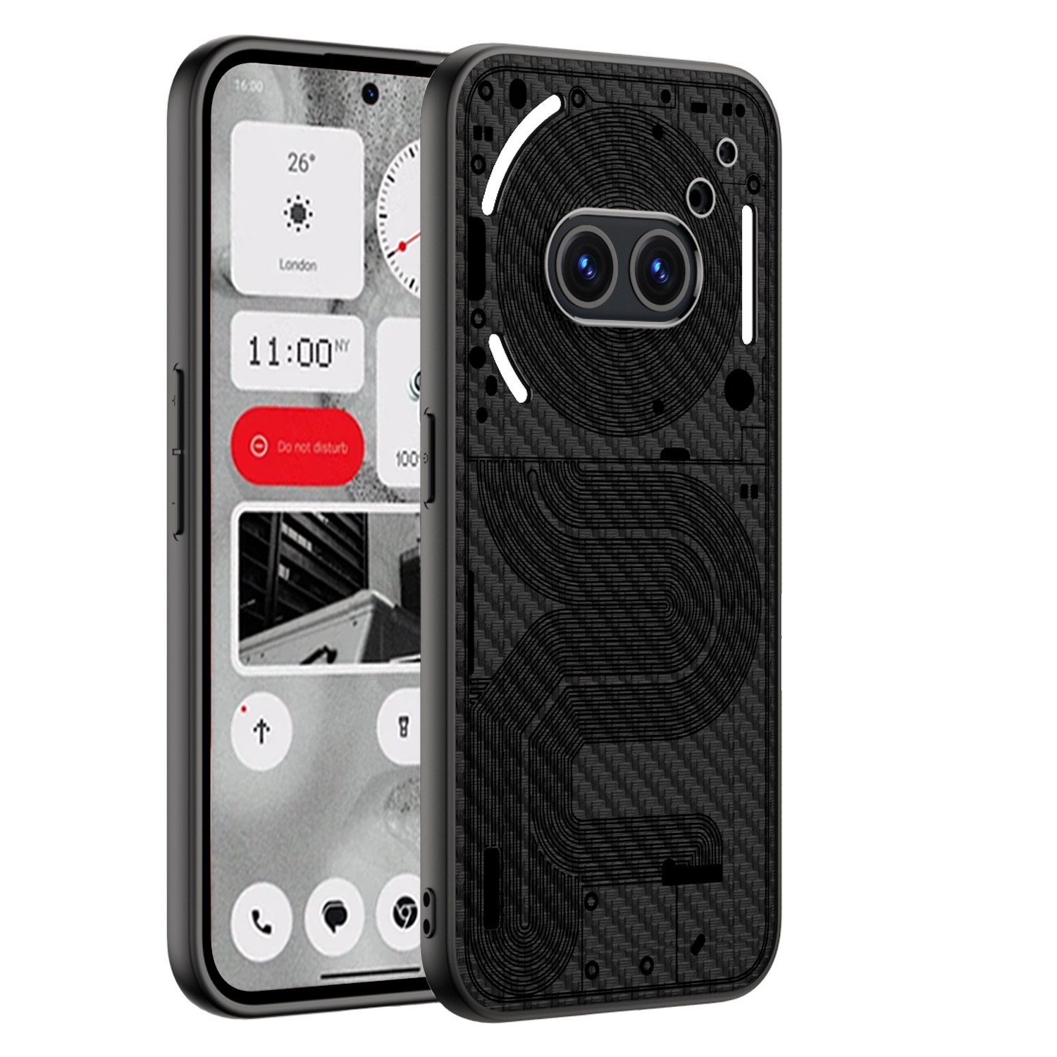 Handyhülle mit Telefon im Inneren. Schwarze Hülle mit weißem Umrissdesign.
