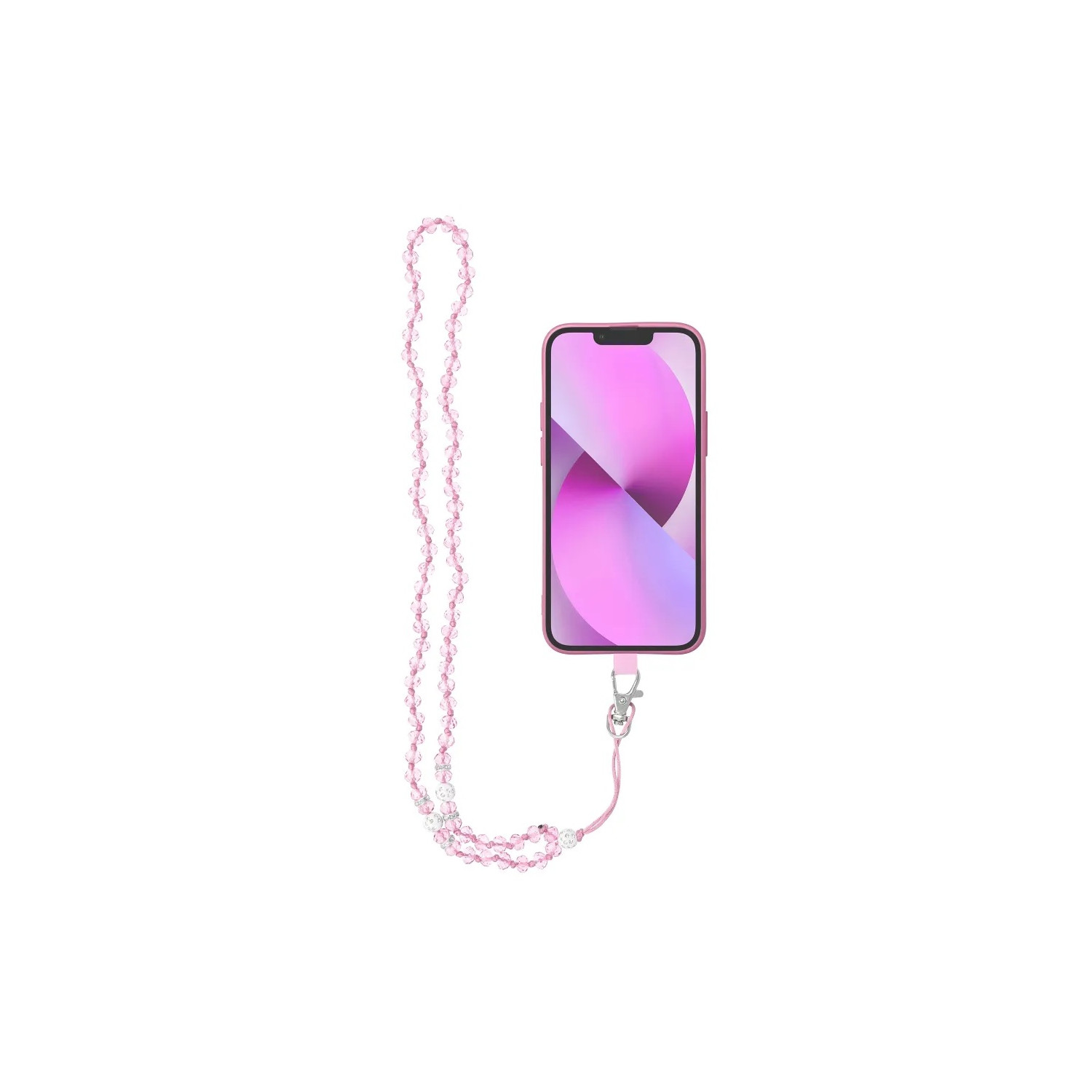 Ein rosa Telefon mit einem rosa Perlen-Umhängeband. Das Telefon befindet sich in einer Hülle.