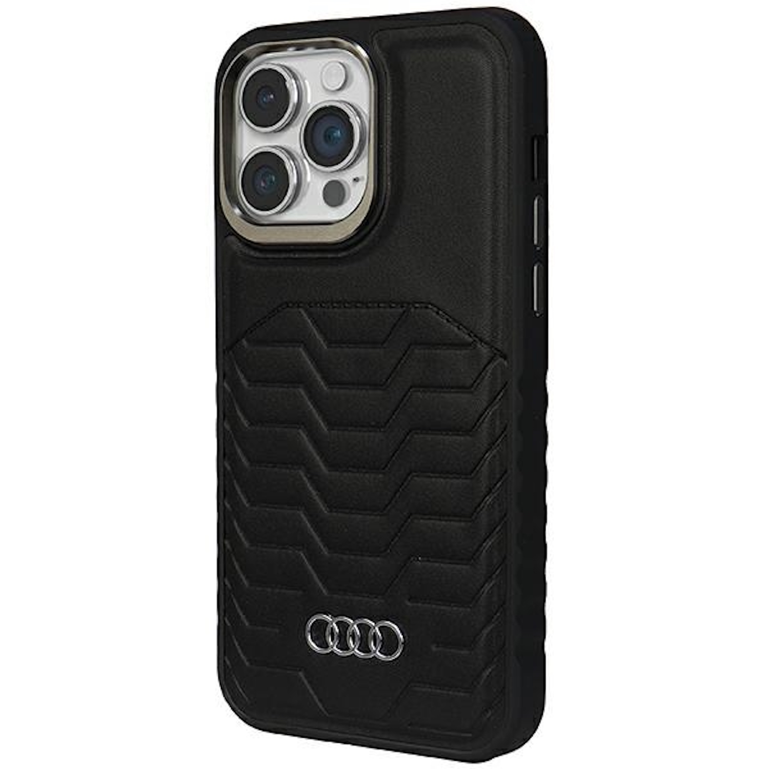 Eine schwarze Handyhülle mit dem Audi-Logo und einem Telefon darin.
