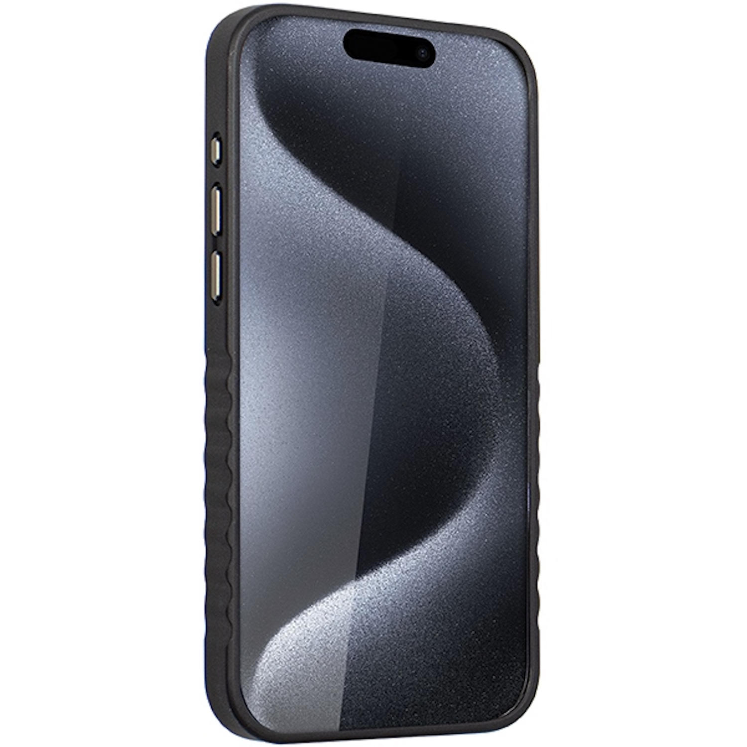 Ein schwarzes Telefon mit schwarzem Bildschirm. Es hat eine Kamera und eine gewölbte, strukturierte Kante.