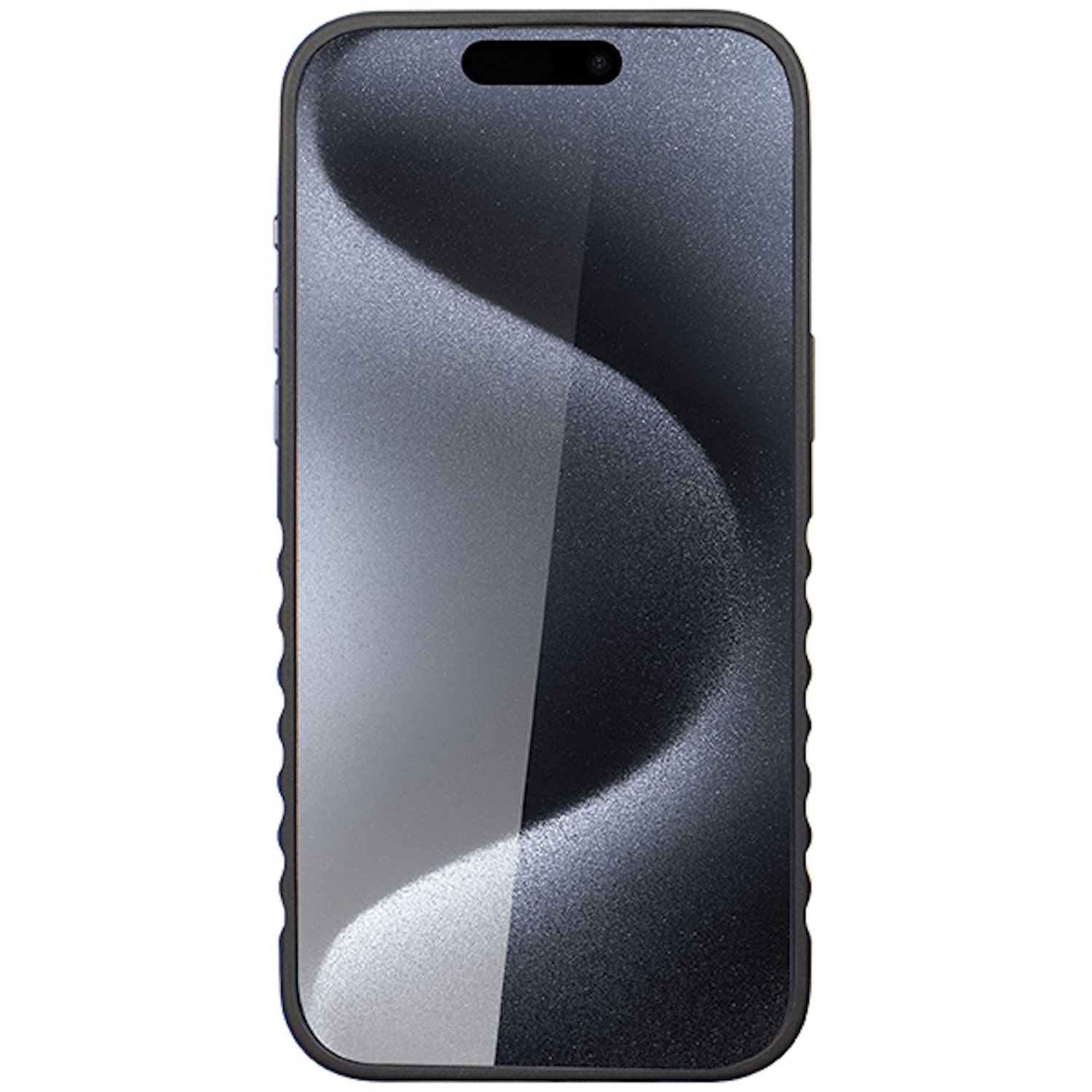 Schwarzes Telefon mit geschwungenem Design auf der Rückseite, zeigt Reflexion, auf weißem Hintergrund.
