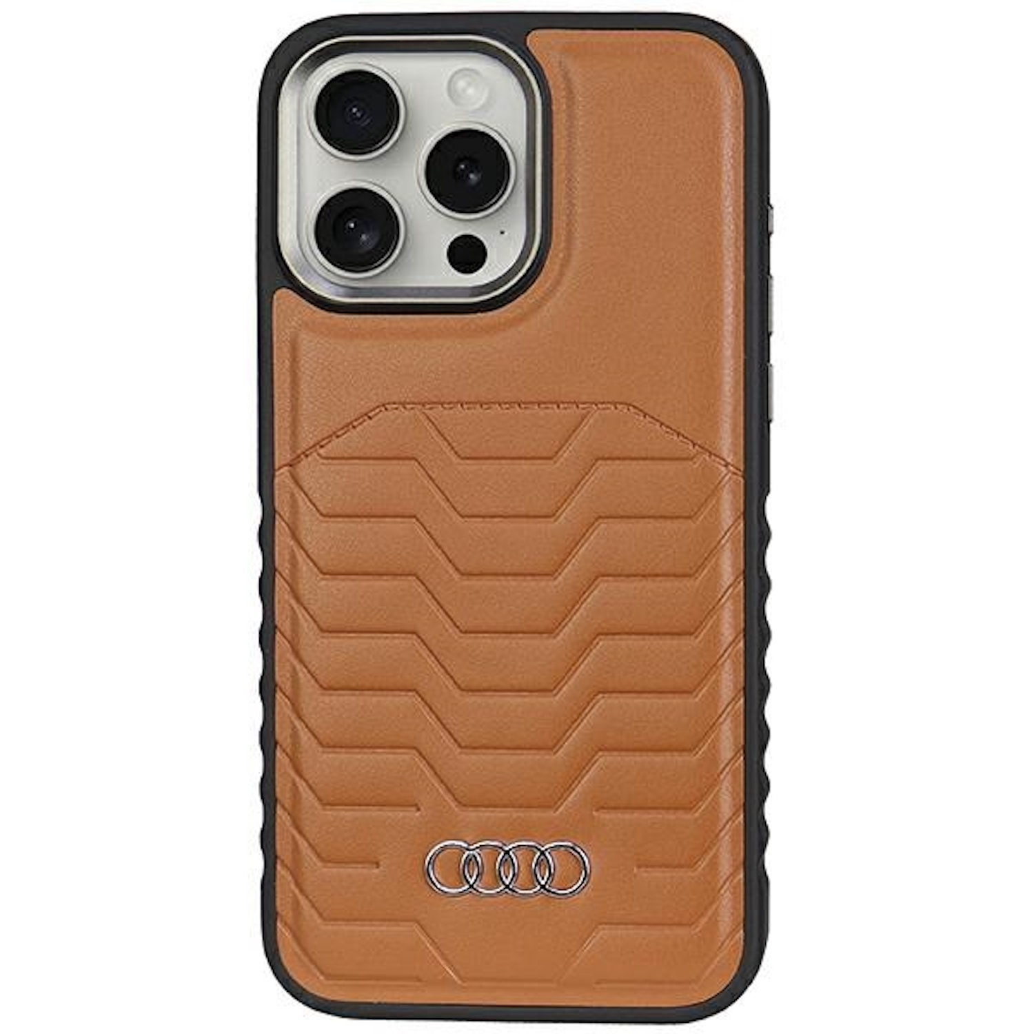 Braune Leder-Handyhülle mit Audi-Logo. Strukturiertes Design und Kameraausschnitt.