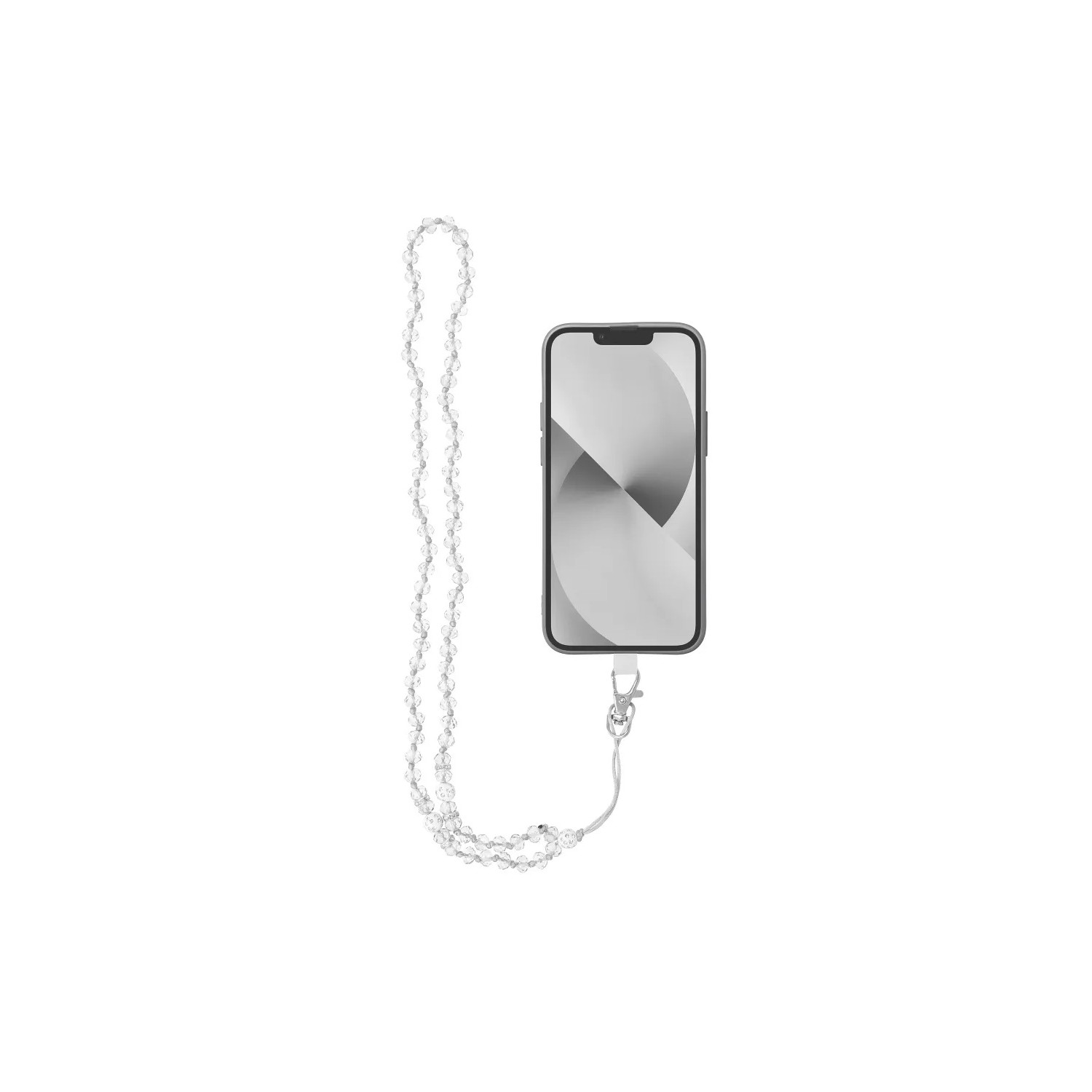 Uno smartphone nero appeso a un cordino d'argento con perline su uno sfondo bianco.
