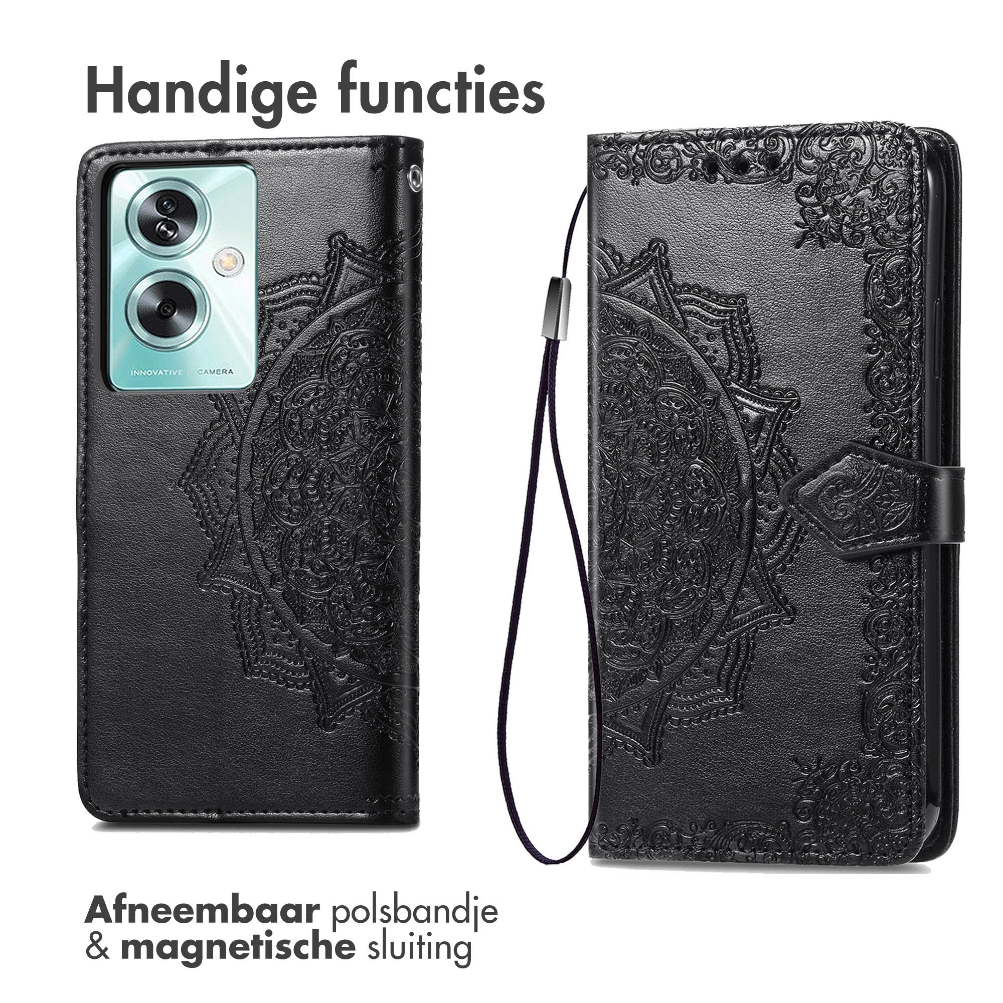 Schwarze Handyhülle mit Mandala-Design, einem Riemen und einem Magnetverschluss.