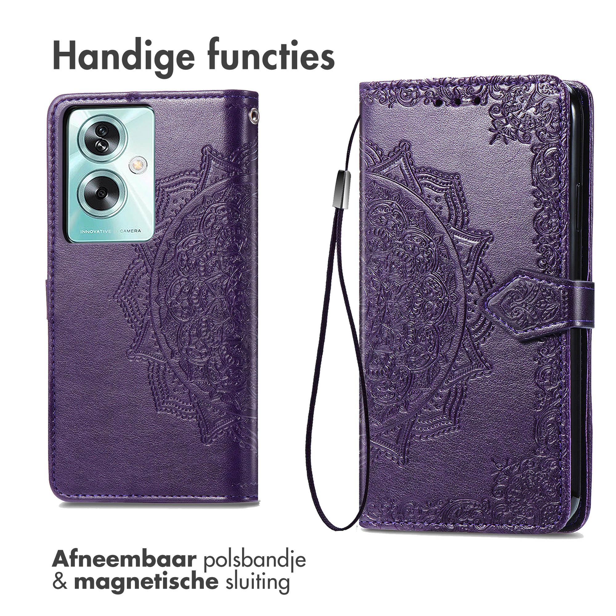 Lila Handyhülle mit Mandala-Design. Die Hülle ist offen und zeigt das Telefon. Text: abnehmbare Handschlaufe & Magnetverschluss.