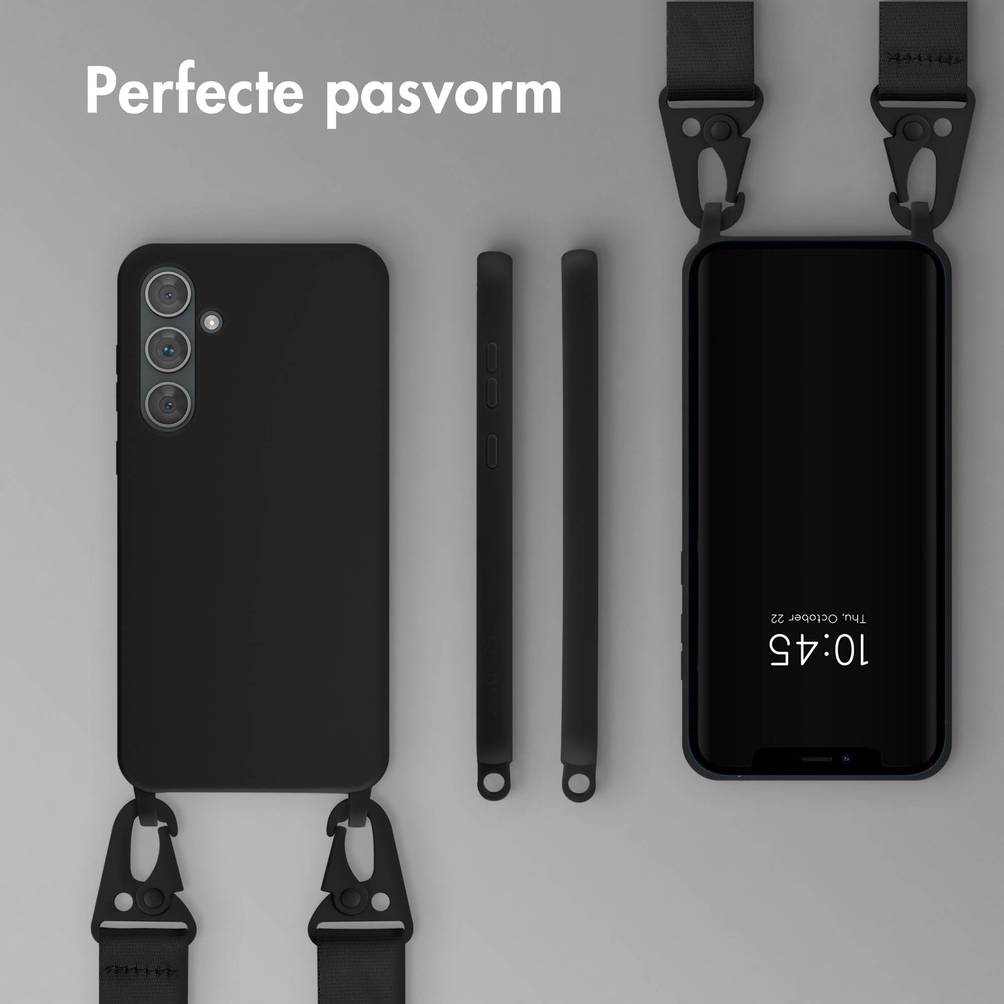 Een zwarte telefoon met een zwarte lanyard-hoes en de tekst 'Perfecte pasvorm' bovenaan. Zwarte achtergrond.