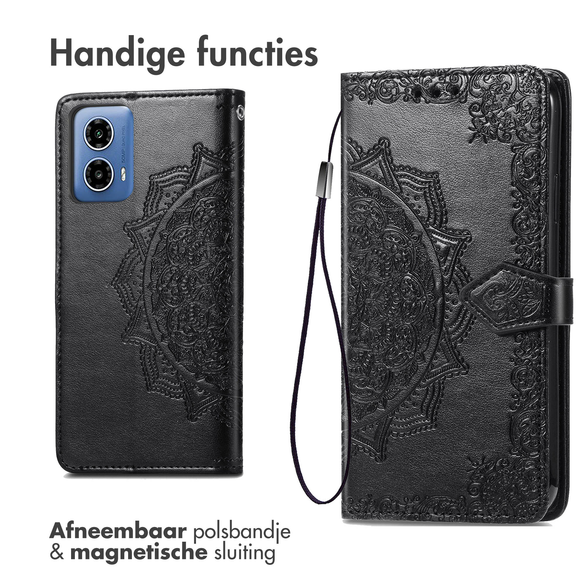 Schwarze Handyhülle mit Mandala-Design, Riemen und Magnetverschluss, auf weißem Hintergrund.
