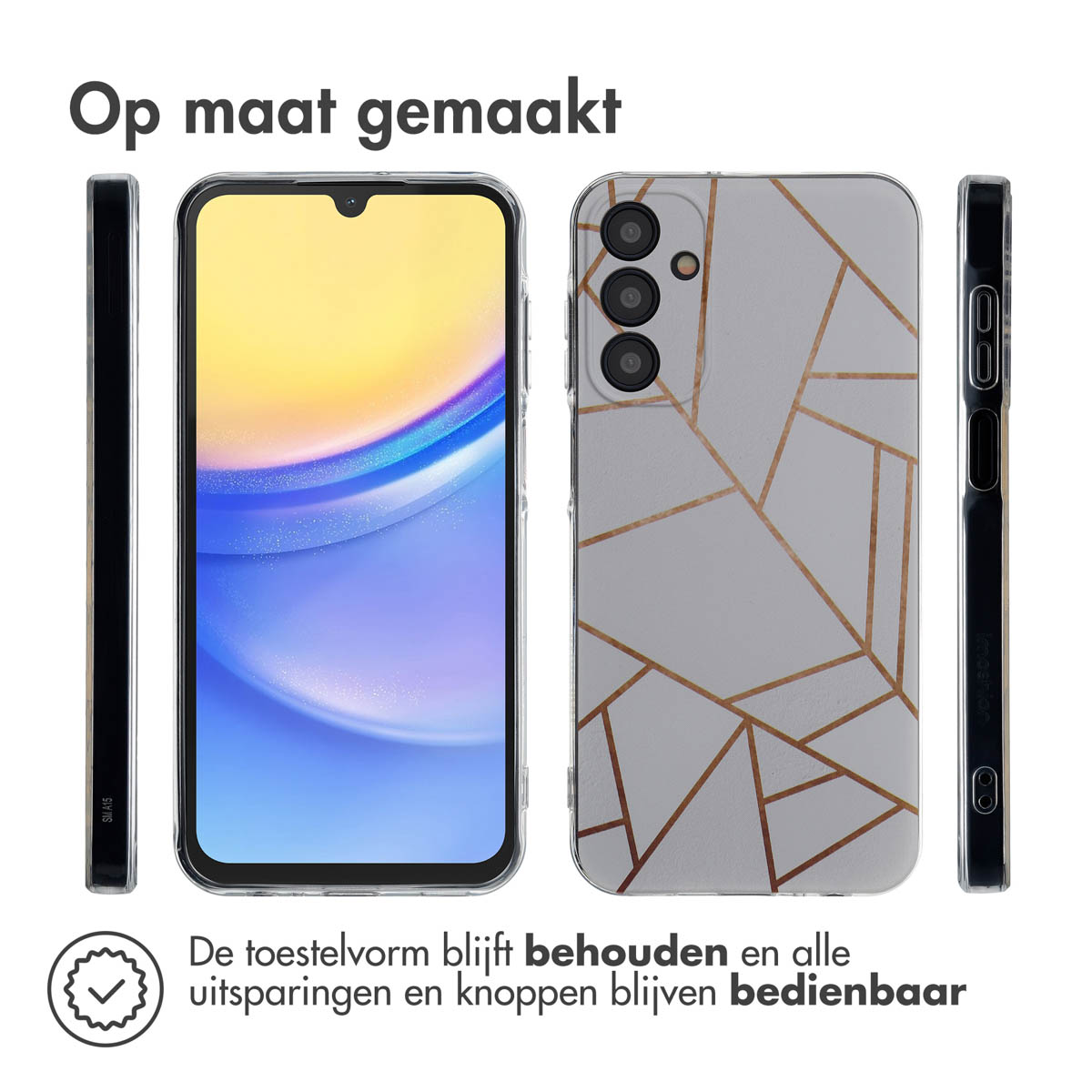 Een telefoon met een hoesje met geometrisch patroon. De hoes wordt vanuit verschillende hoeken getoond.