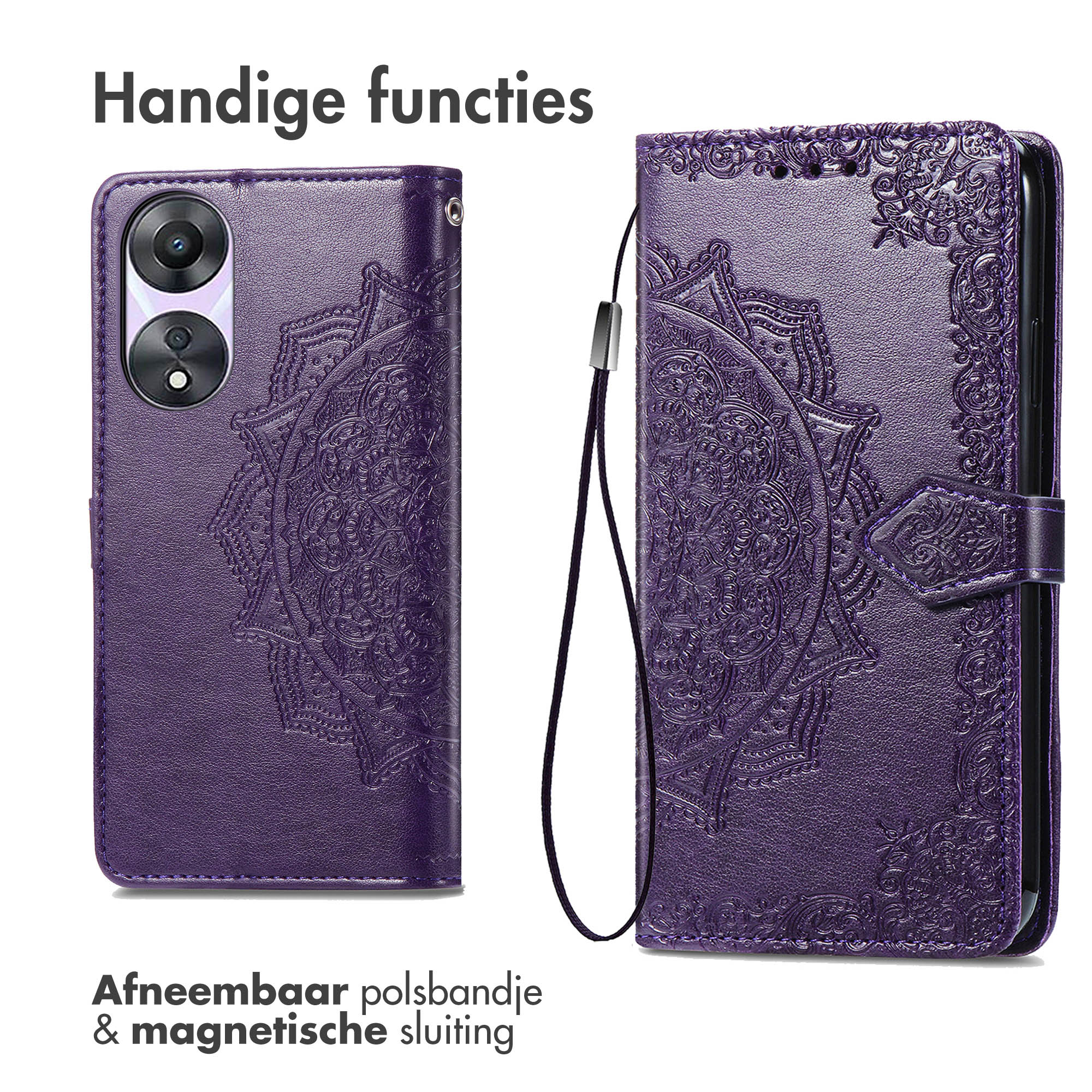 Paarse telefoonhoes met mandala-ontwerp. Open om telefoon te tonen. Riem bevestigd.