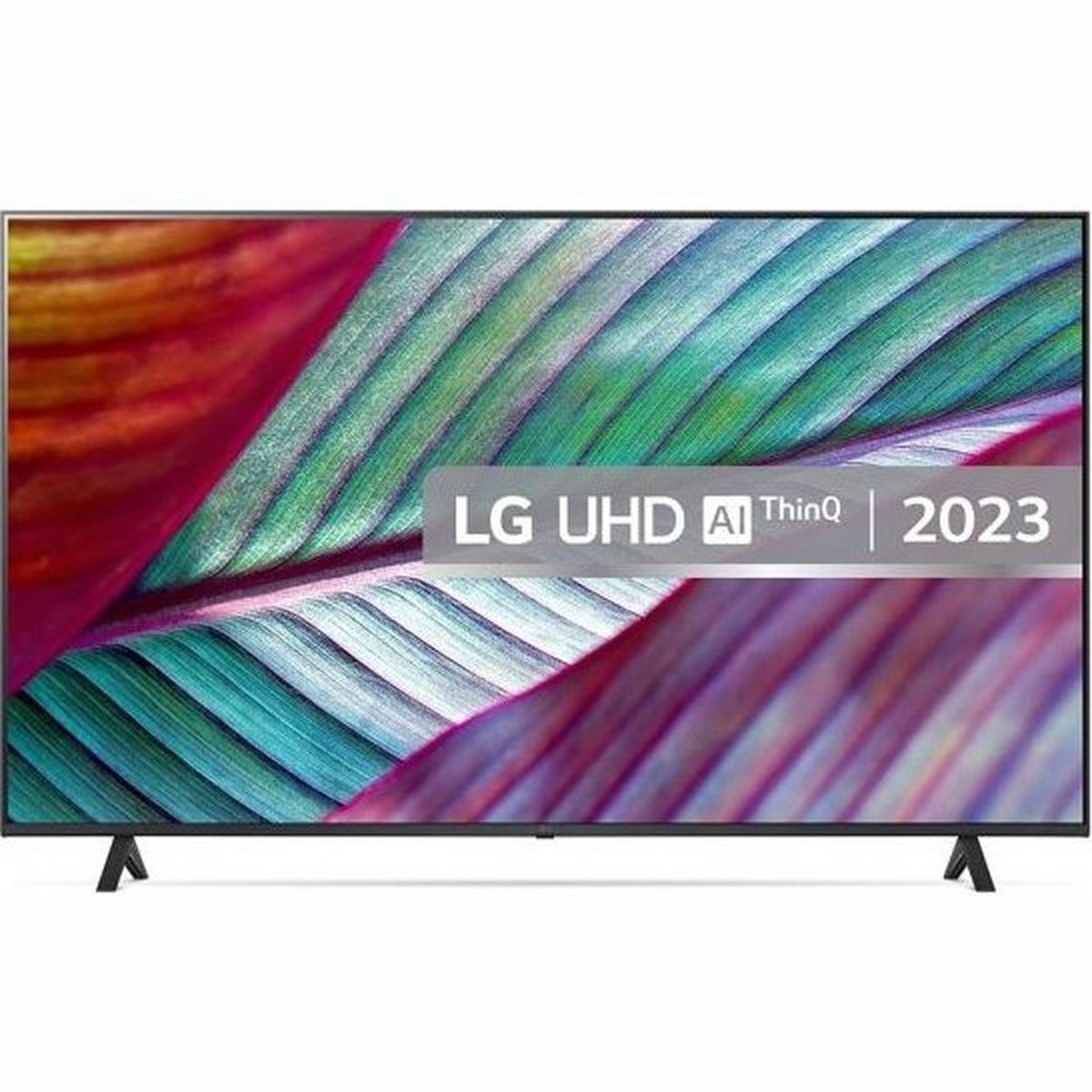 Ein moderner LG-Fernseher mit buntem, abstraktem Hintergrund. Der Fernseher steht.