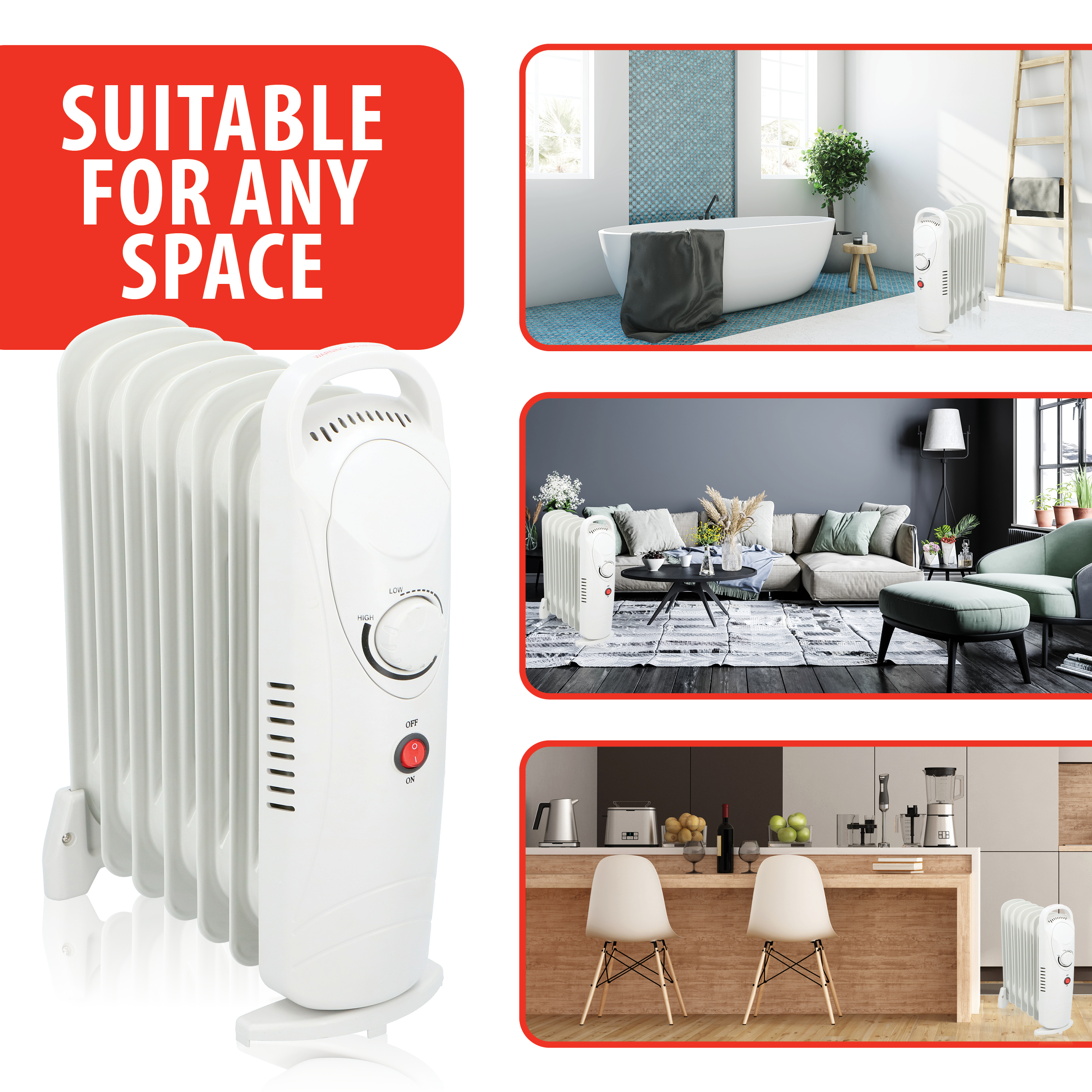 Un radiatore elettrico bianco mostrato in diverse ambientazioni: bagno, soggiorno e cucina. Testo: adatto a qualsiasi spazio.