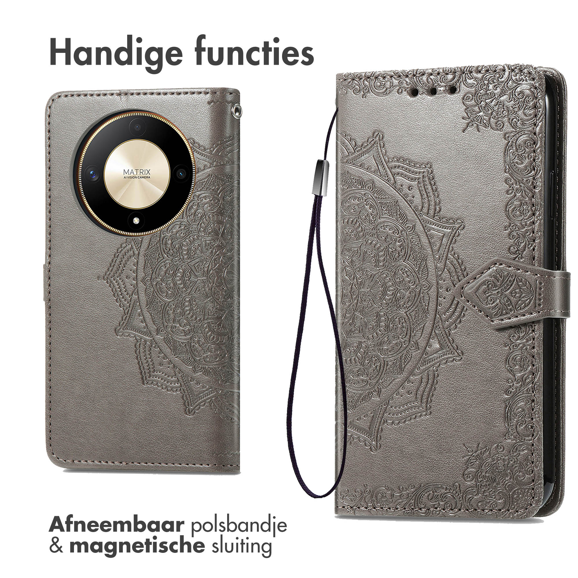 Deux vues d'un étui de téléphone gris avec un motif de mandala.
