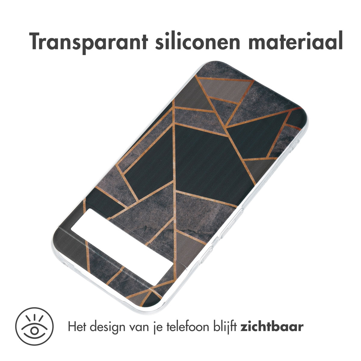 Handyhülle mit abstraktem geometrischem Design und transparentem Silikonmaterial. Sie ist für Sichtbarkeit ausgelegt.