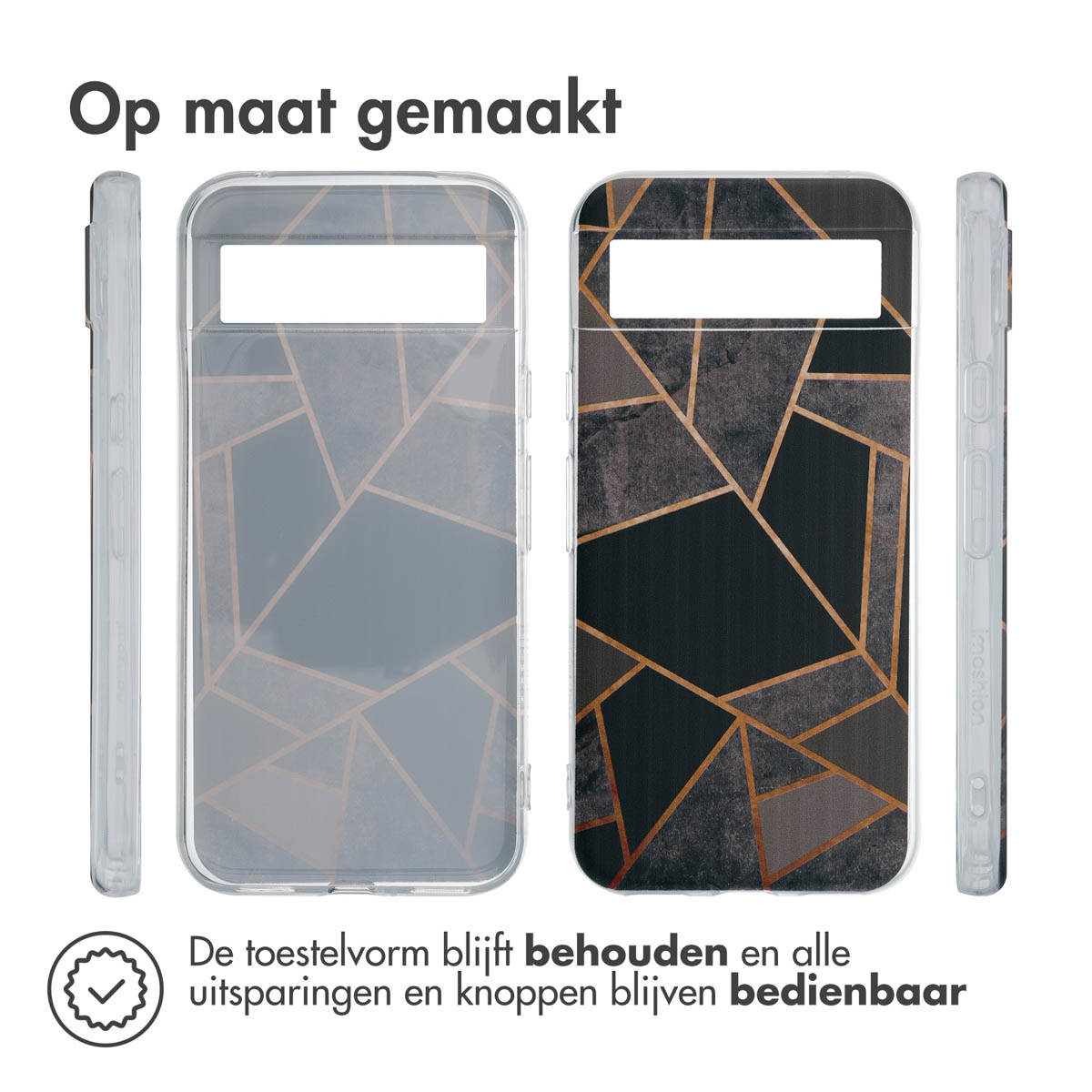 Handyhülle mit durchsichtigen Seiten, geometrischem Design auf der Rückseite und einem Schutzsiegel.