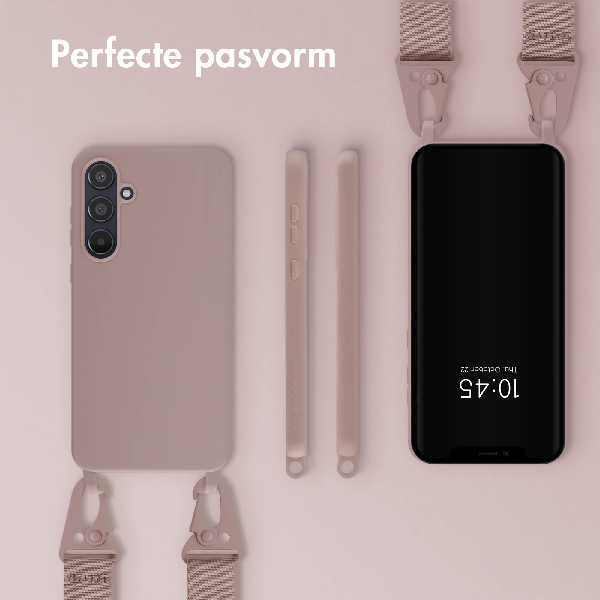 Roze telefoonhoes met telefoon, met een riem en accessoires op een roze achtergrond.