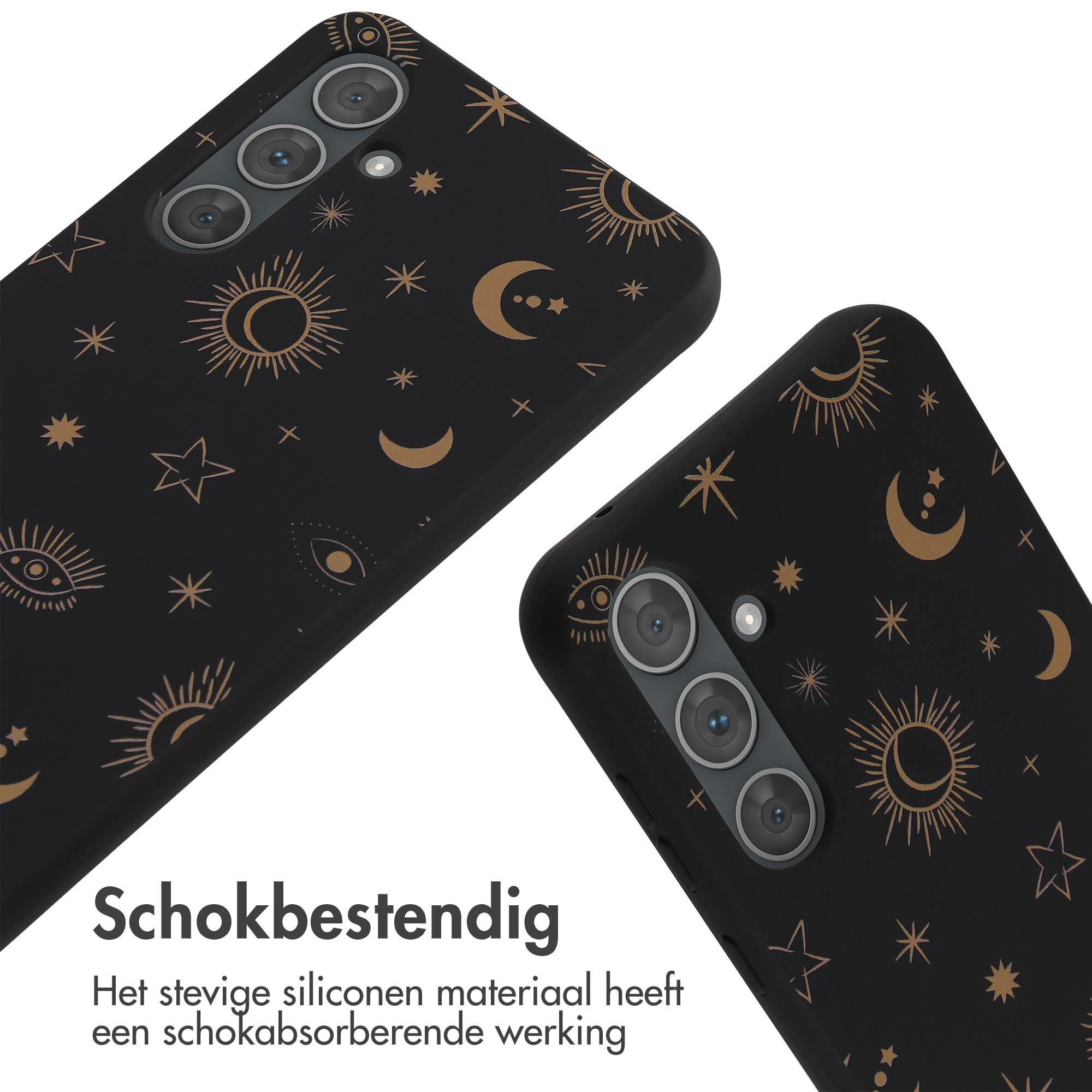 Twee zwarte telefoonhoesjes met een gouden maan- en sterrenontwerp. Tekst: 'Schokbestendig'.