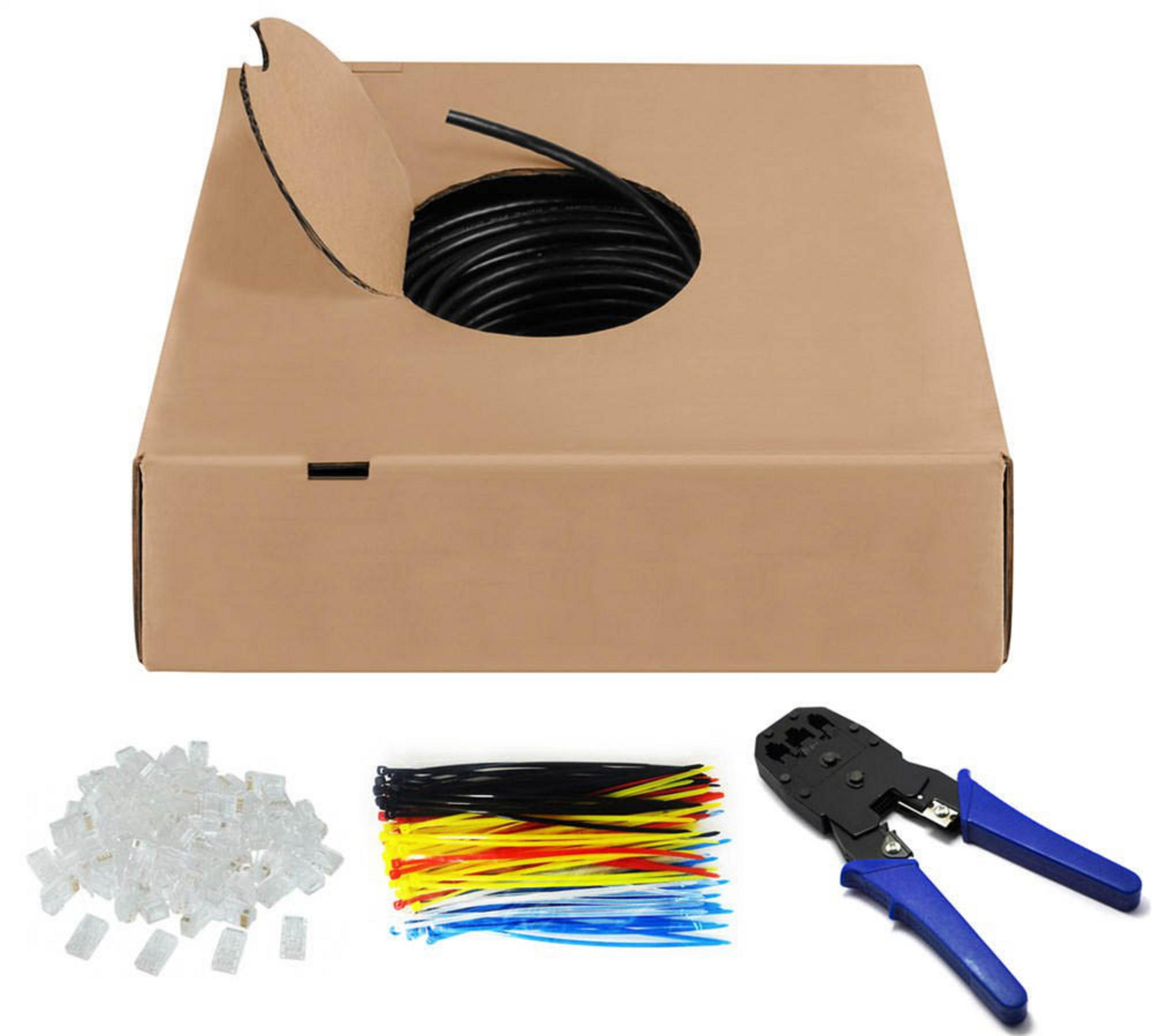 Box mit Kabel und Zubehör, weißer Hintergrund. Enthält Verbinder, Kabelbinder und Crimpzange.