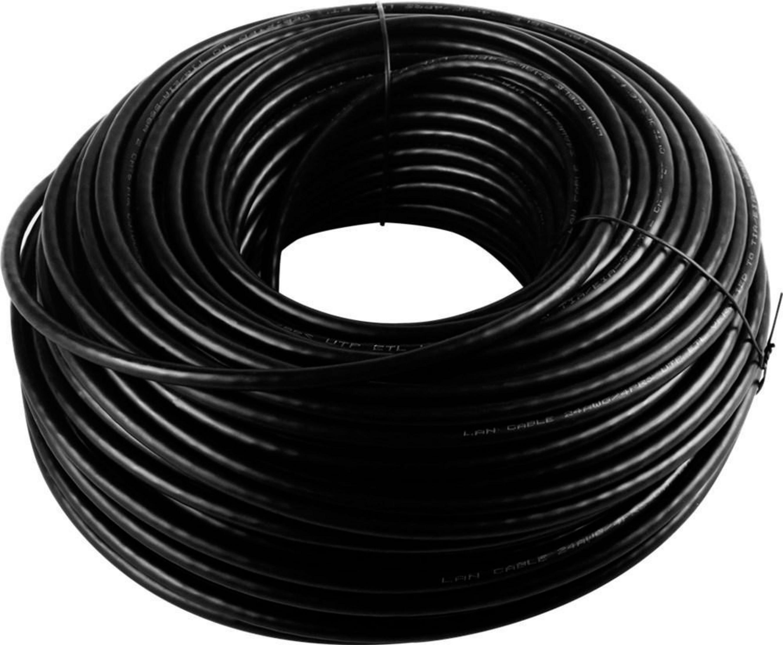 Eine Spule aus schwarzem Netzwerkkabel. Es ist fest gewickelt und hat ein Etikett.