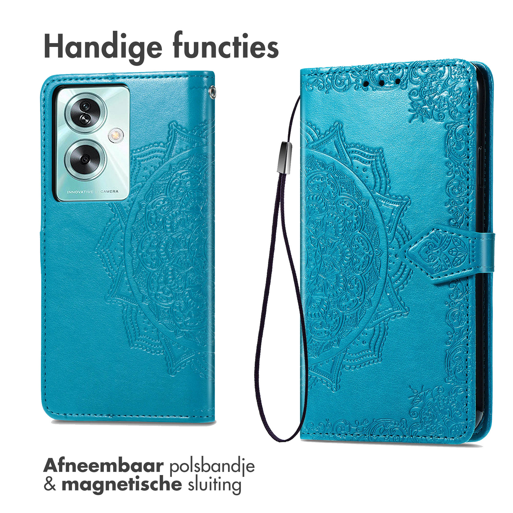 Eine türkisfarbene Handyhülle, geöffnet, um das Telefon zu zeigen. Mit abnehmbarer Handschlaufe und Magnetverschluss.