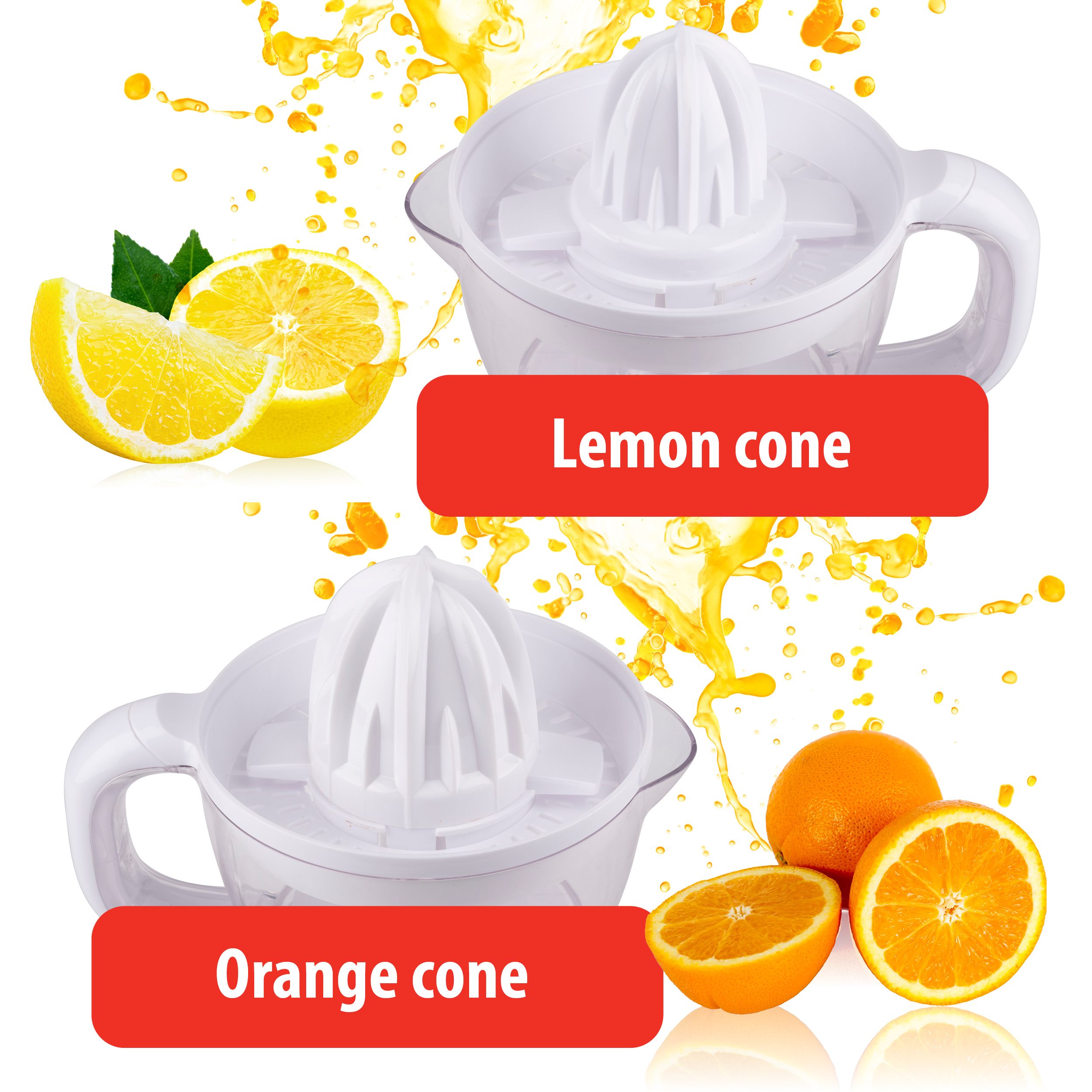Zwei weiße Entsafter mit Zitronen und Orangen und den Texten "Lemon cone" und "Orange cone".