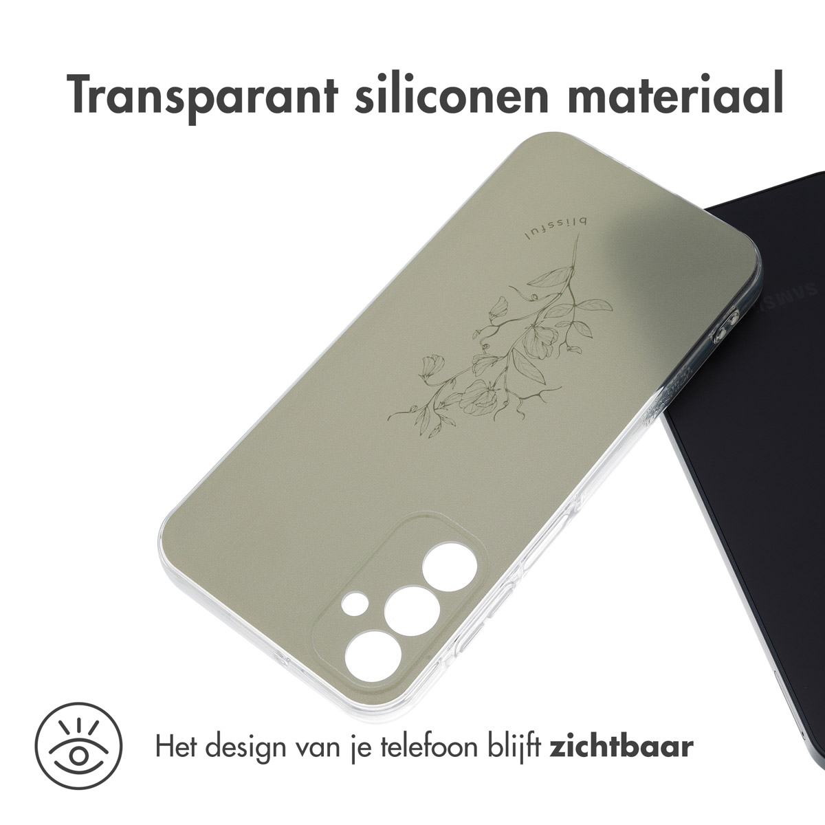 Transparante telefoonhoes met bloemenontwerp, een telefoon erin tonend. Tekst: 'Transparante siliconen'.